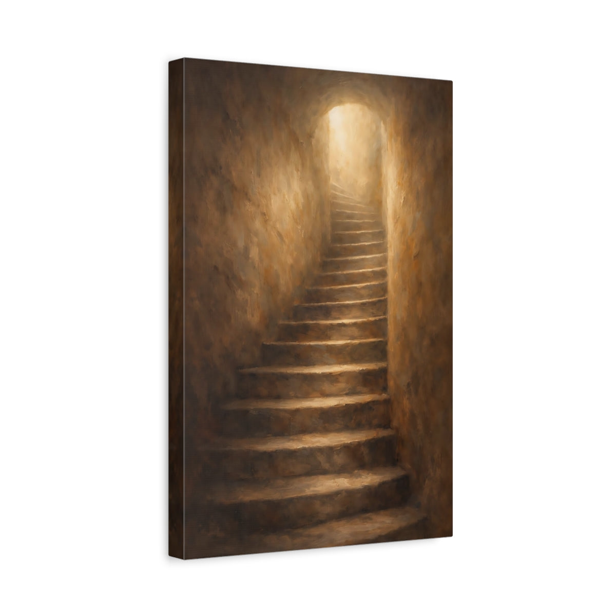 Side Mockup 4. Abstract Ascending Stairway Brown Gold Light shown as stretched canvas wall art