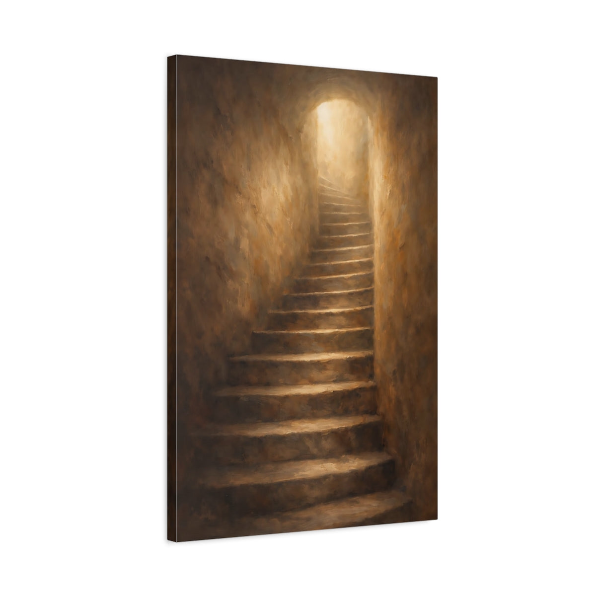 Side Mockup 2. Abstract Ascending Stairway Brown Gold Light shown as stretched canvas wall art