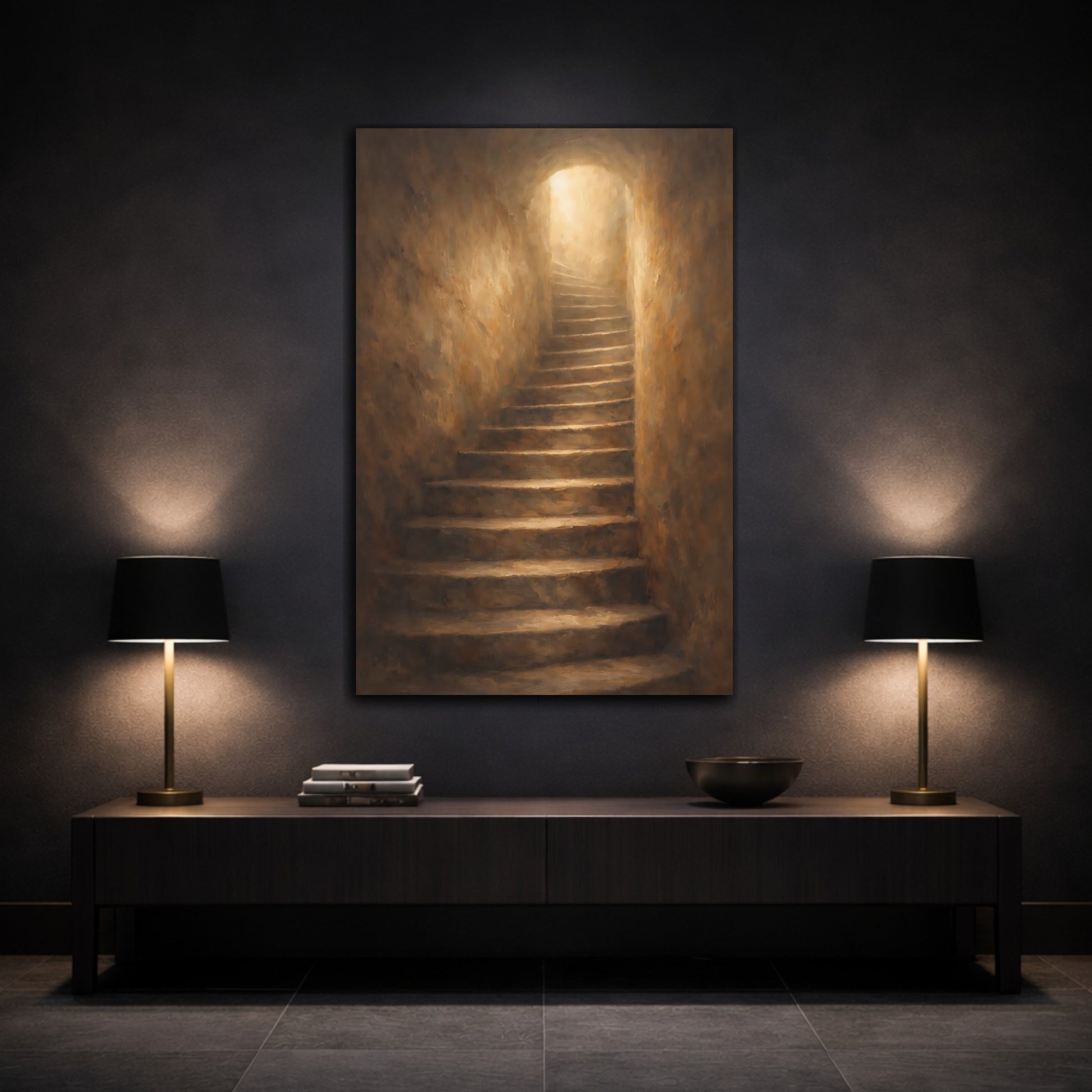 Mockup 2. Abstract Ascending Stairway Brown Gold Light shown as stretched canvas wall art