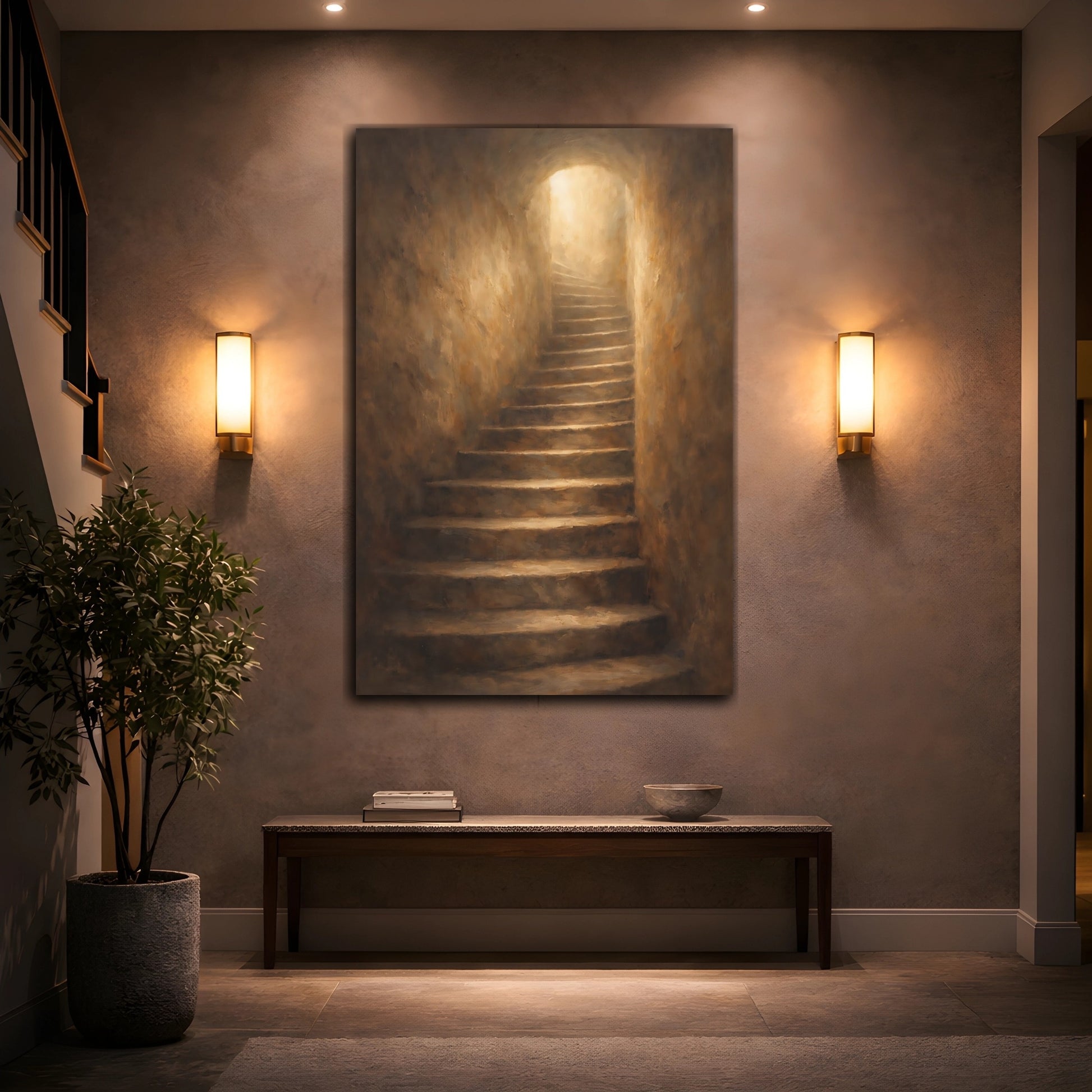 Mockup 3. Abstract Ascending Stairway Brown Gold Light shown as stretched canvas wall art