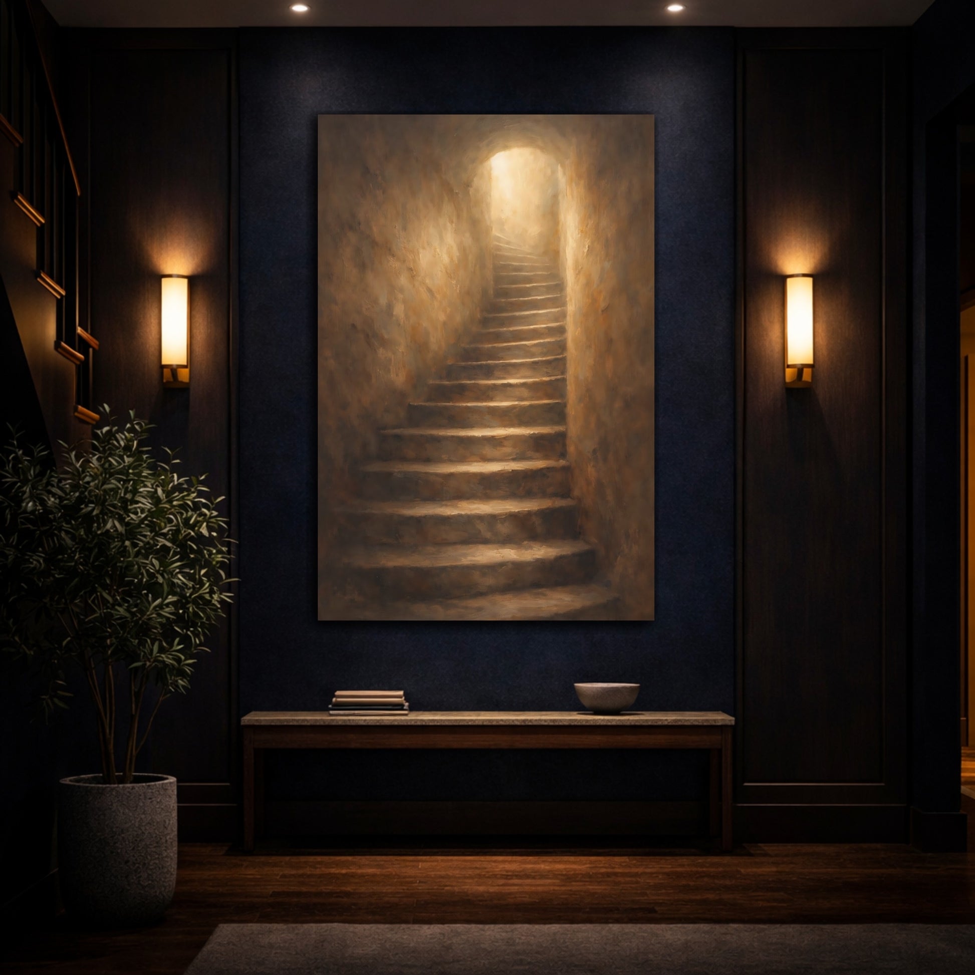 Mockup 4. Abstract Ascending Stairway Brown Gold Light shown as stretched canvas wall art