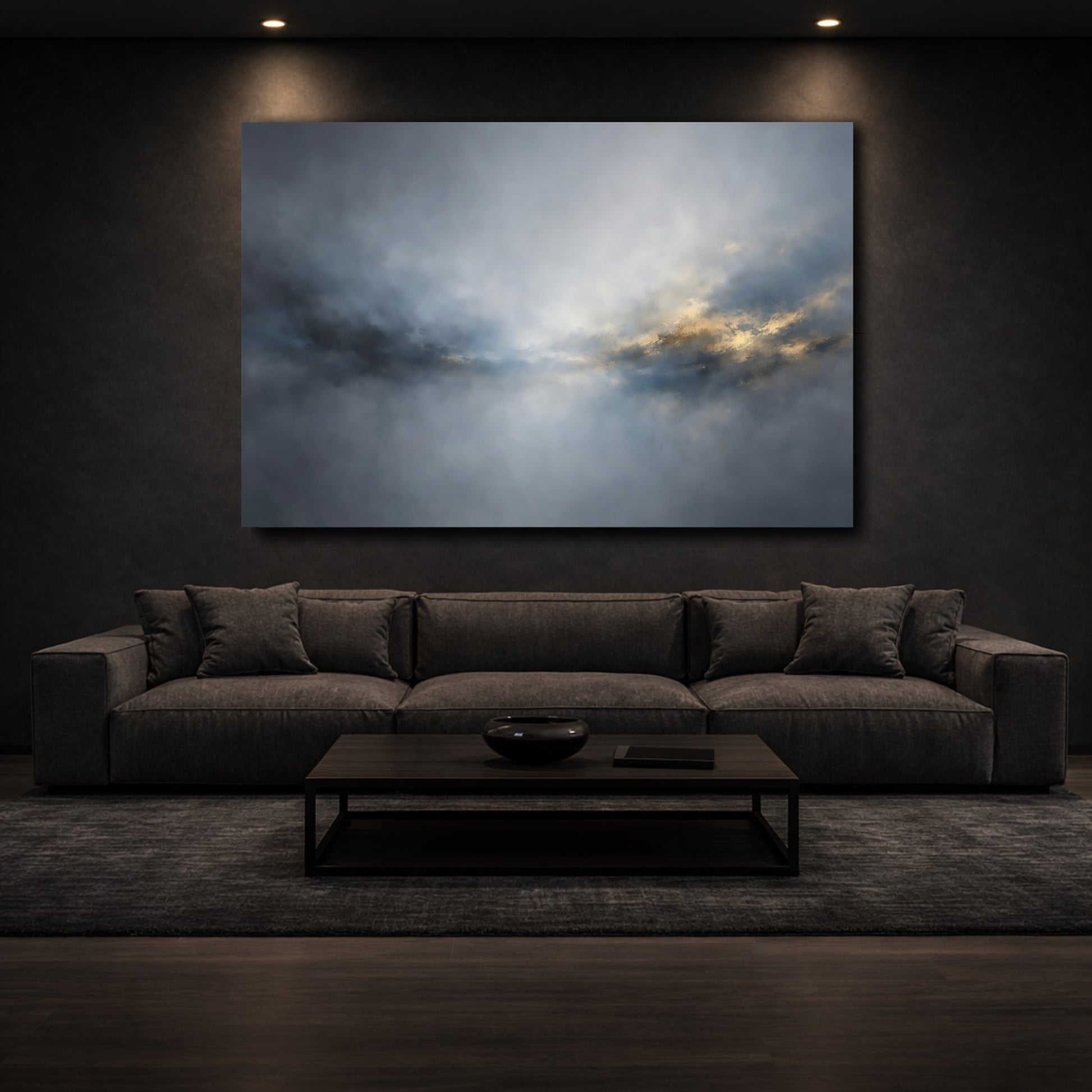 Mockup 2. Abstract Atmospheric Light Blue Gold Abstract shown as stretched canvas wall art