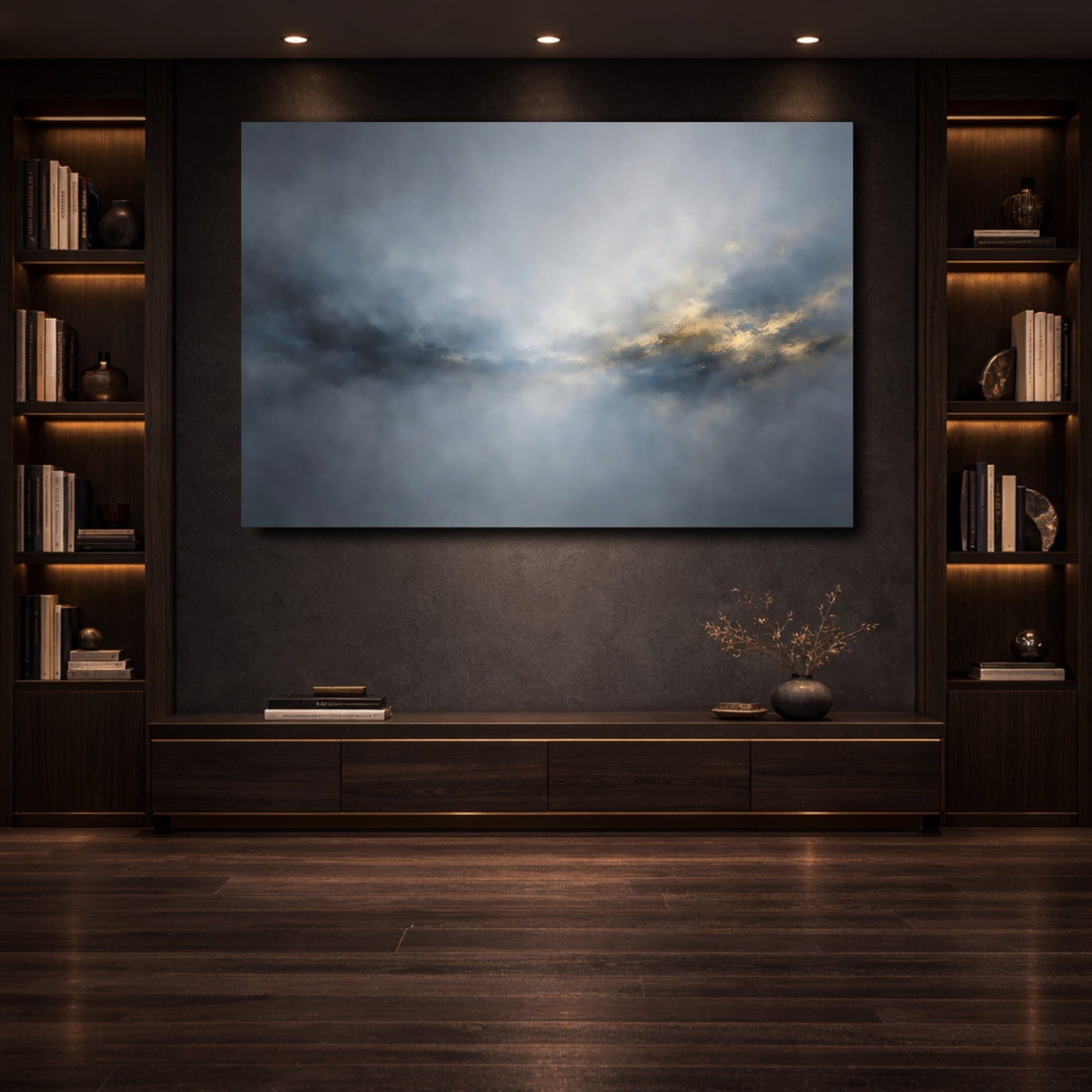Mockup 3. Abstract Atmospheric Light Blue Gold Abstract shown as stretched canvas wall art