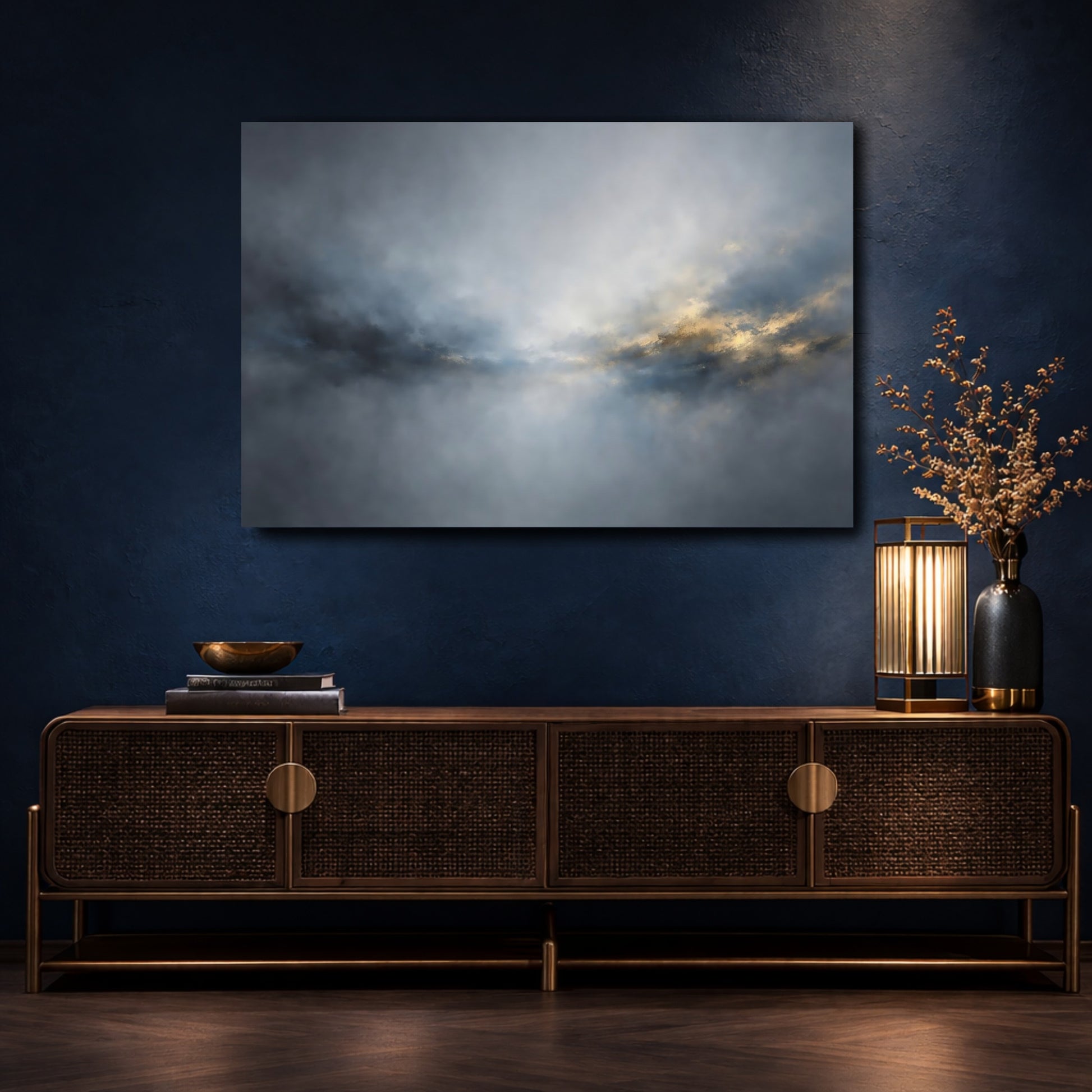 Mockup 4. Abstract Atmospheric Light Blue Gold Abstract shown as stretched canvas wall art