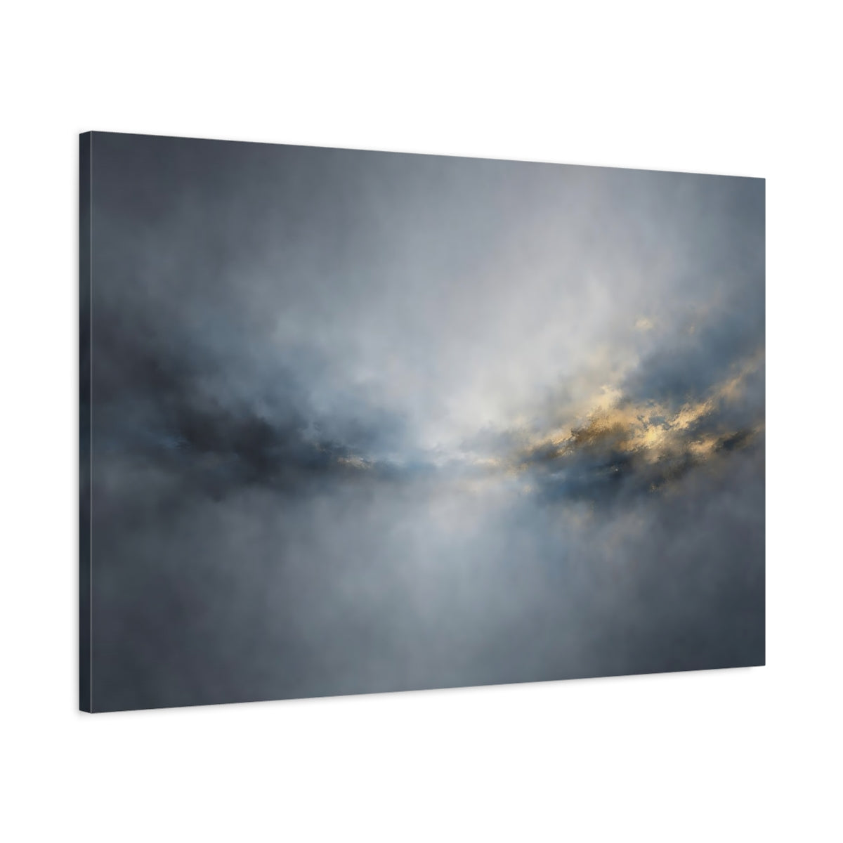 Side Mockup 1. Abstract Atmospheric Light Blue Gold Abstract shown as stretched canvas wall art