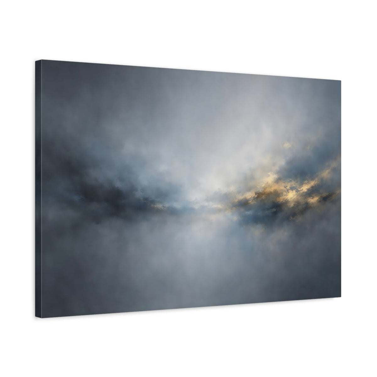 Side Mockup 2. Abstract Atmospheric Light Blue Gold Abstract shown as stretched canvas wall art