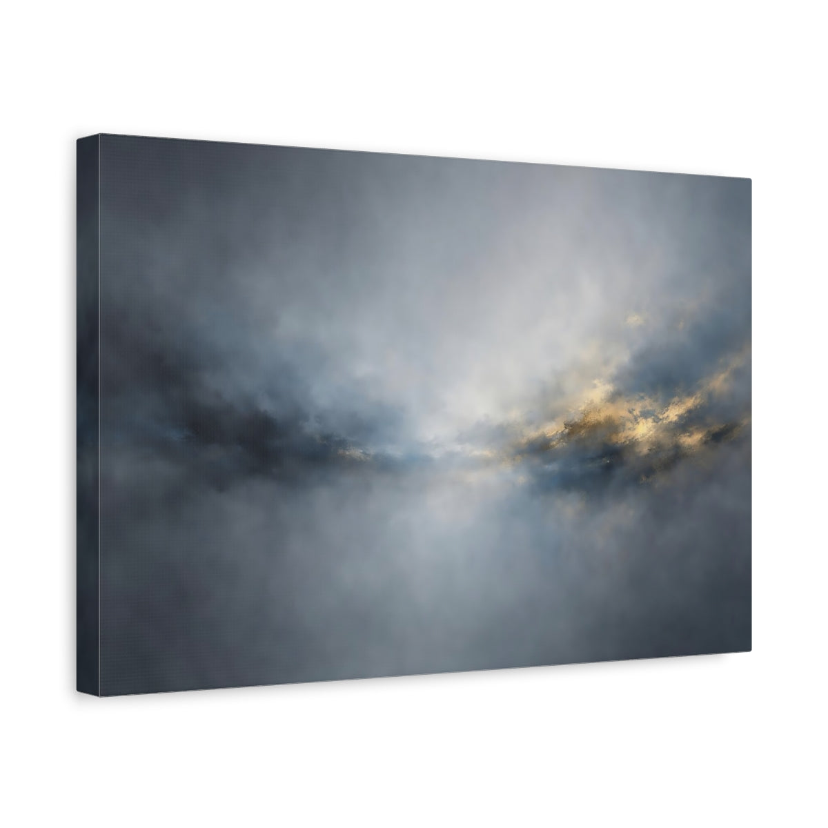 Side Mockup 4. Abstract Atmospheric Light Blue Gold Abstract shown as stretched canvas wall art