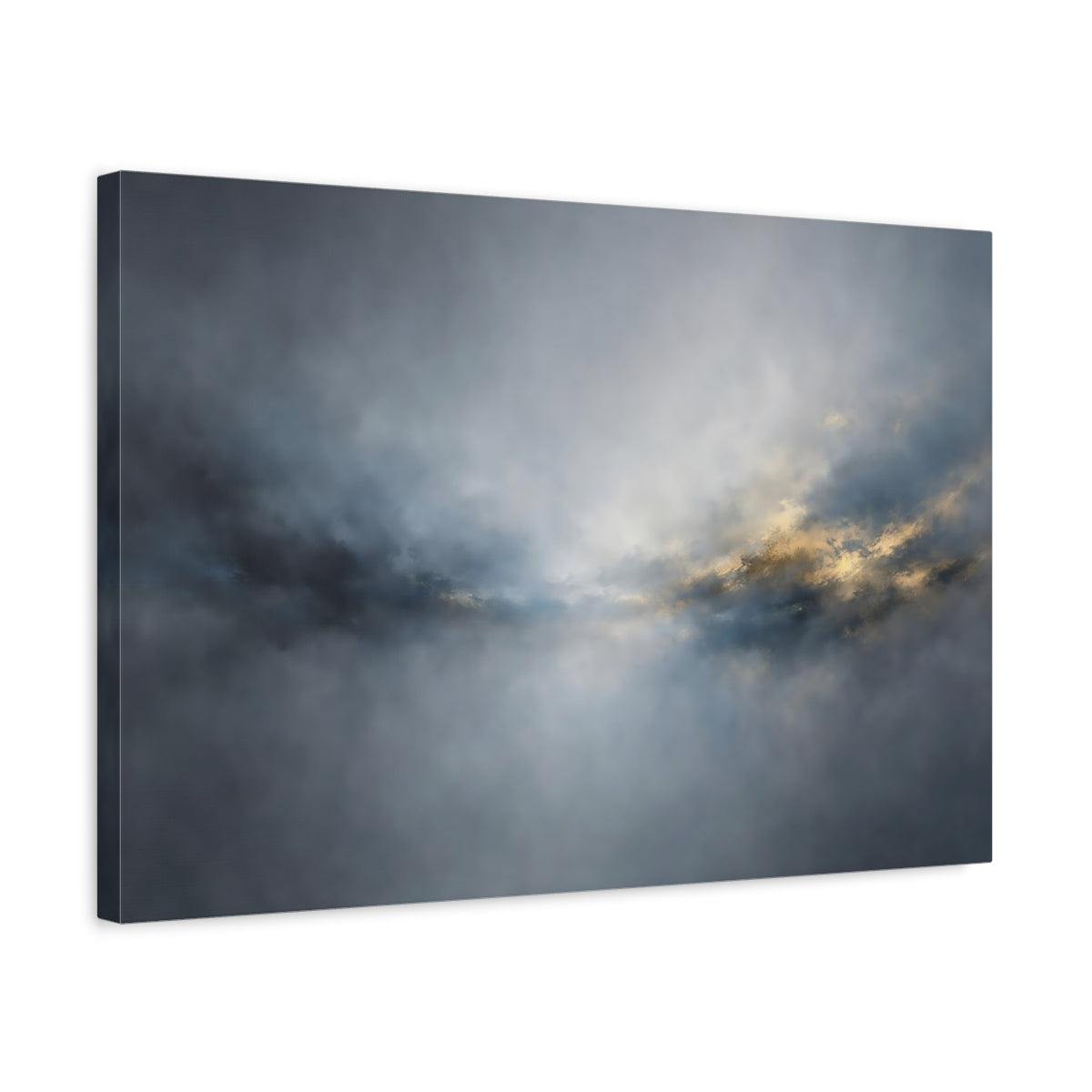 Side Mockup 3. Abstract Atmospheric Light Blue Gold Abstract shown as stretched canvas wall art