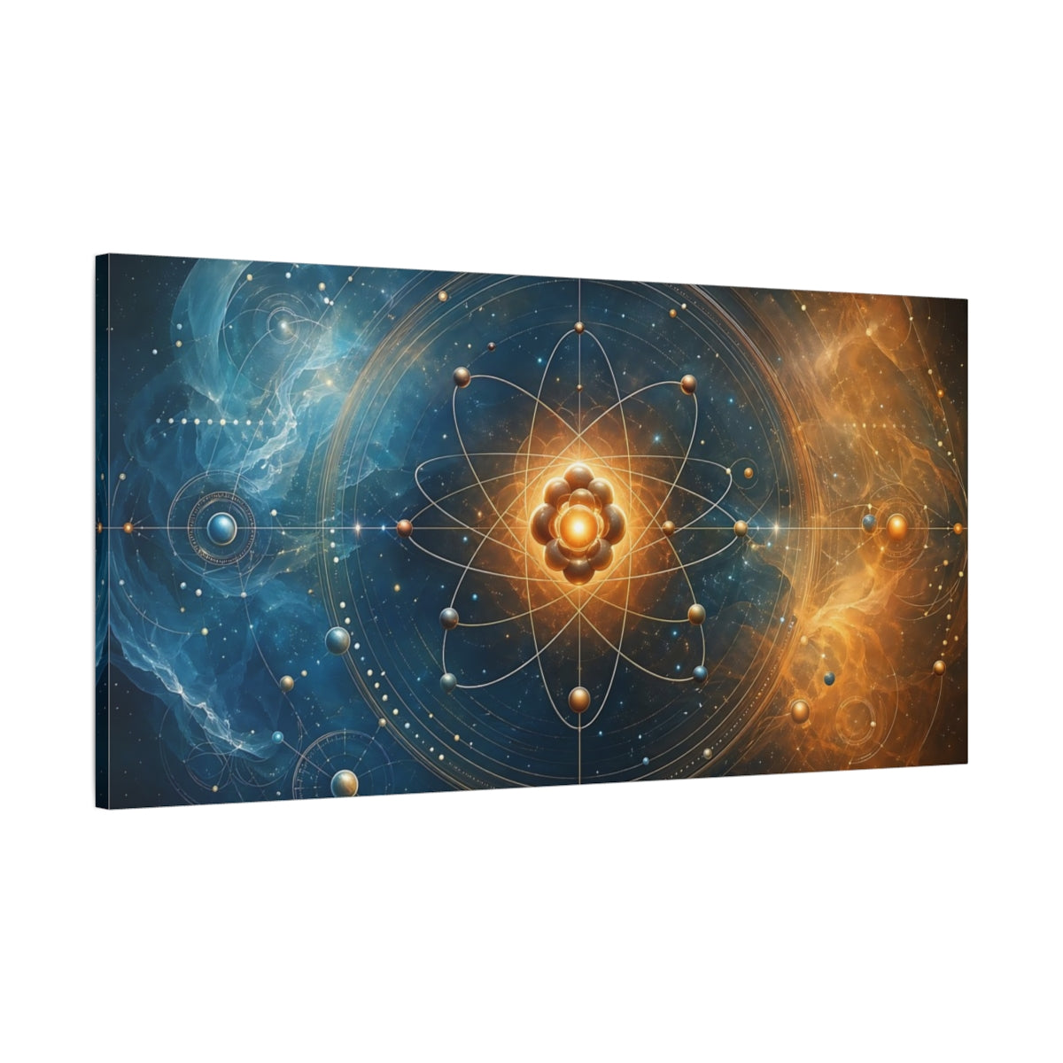 Main Mockup. Abstract Atom Structure Blue And Gold shown as stretched canvas wall art