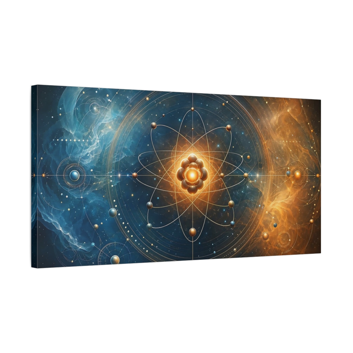 Side Mockup 1. Abstract Atom Structure Blue And Gold shown as stretched canvas wall art