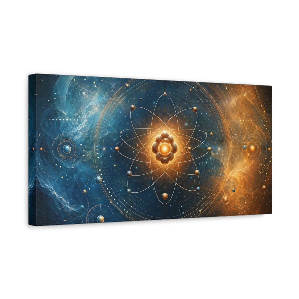 Side Mockup 3. Abstract Atom Structure Blue And Gold shown as stretched canvas wall art