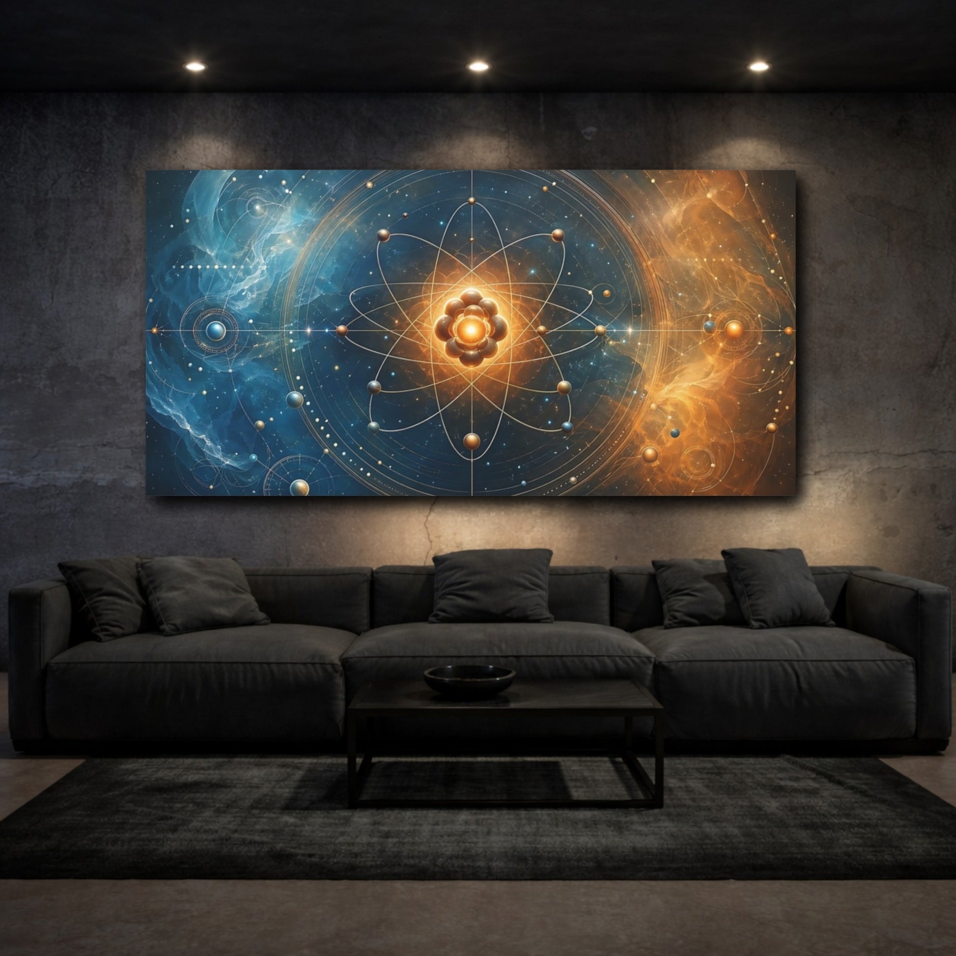 Mockup 2. Abstract Atom Structure Blue And Gold shown as stretched canvas wall art