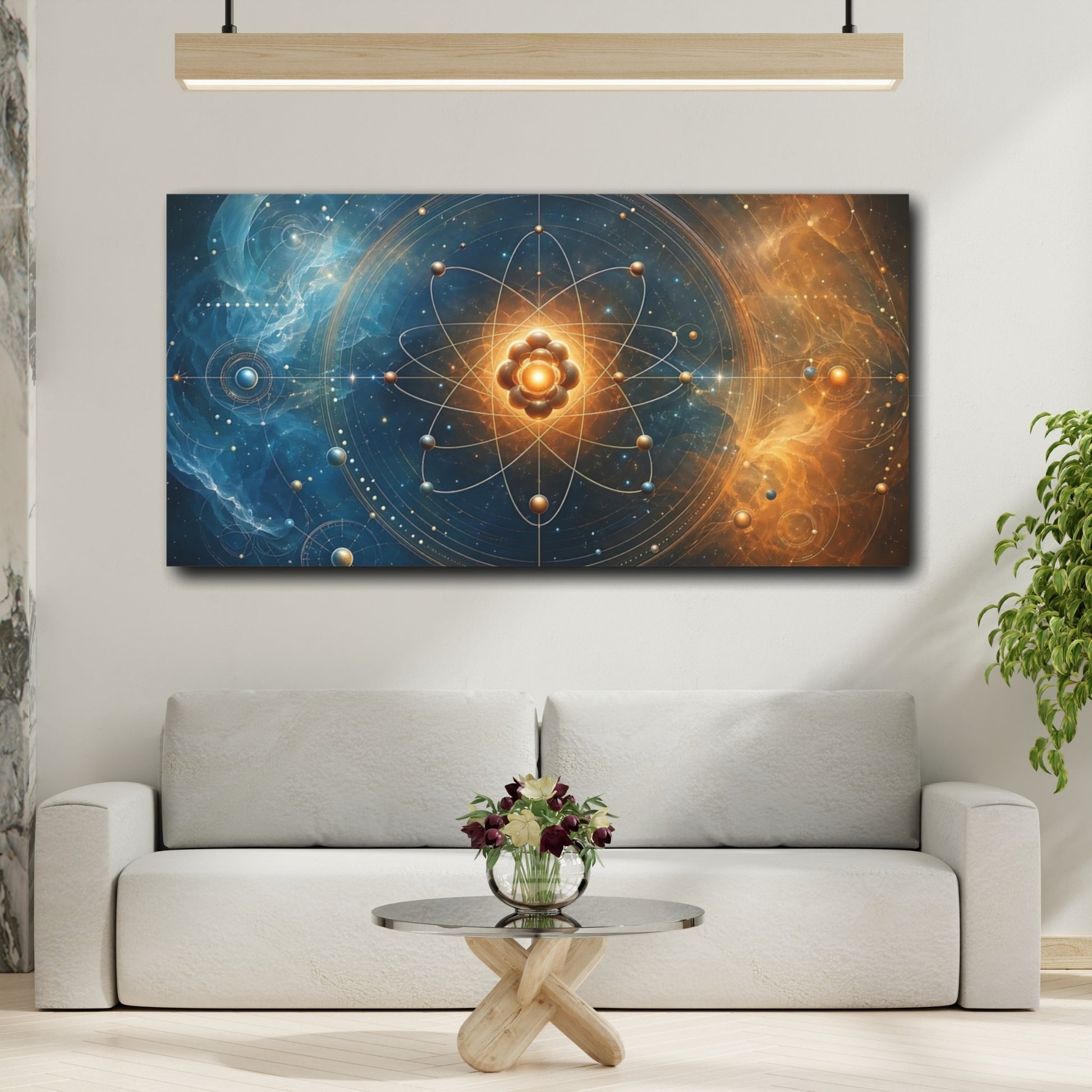 Mockup 3. Abstract Atom Structure Blue And Gold shown as stretched canvas wall art