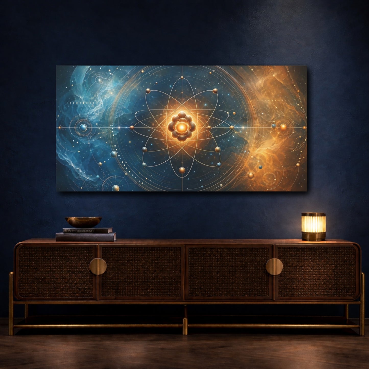 Mockup 4. Abstract Atom Structure Blue And Gold shown as stretched canvas wall art