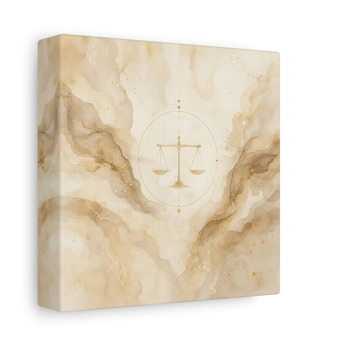 Side Mockup 2. Abstract Balance Scale Neutral Gold shown as stretched canvas wall art