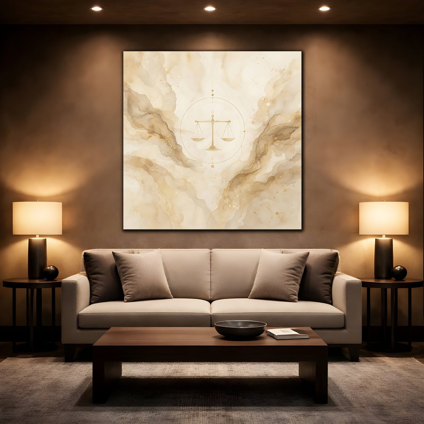 Mockup 2. Abstract Balance Scale Neutral Gold shown as stretched canvas wall art