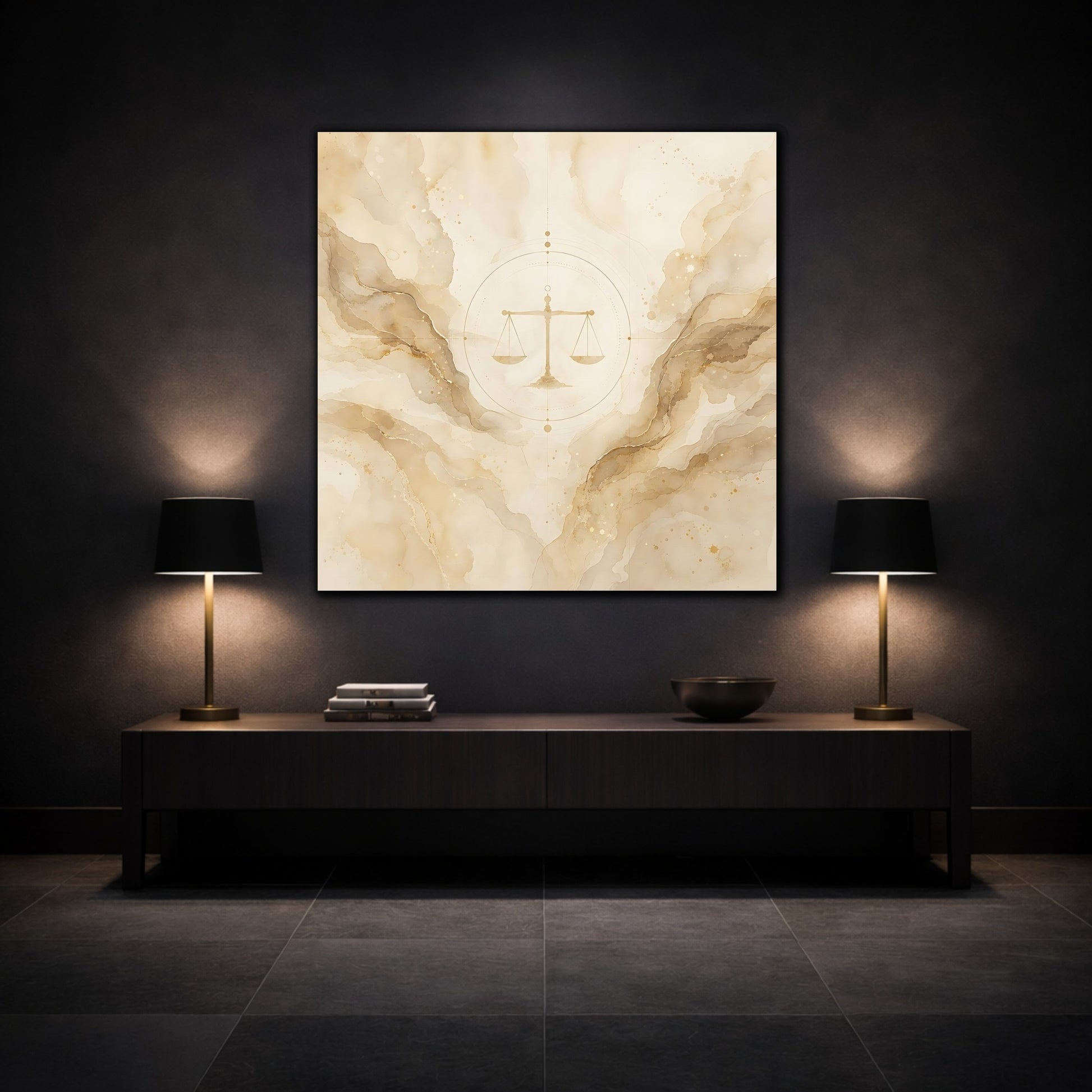 Mockup 3. Abstract Balance Scale Neutral Gold shown as stretched canvas wall art