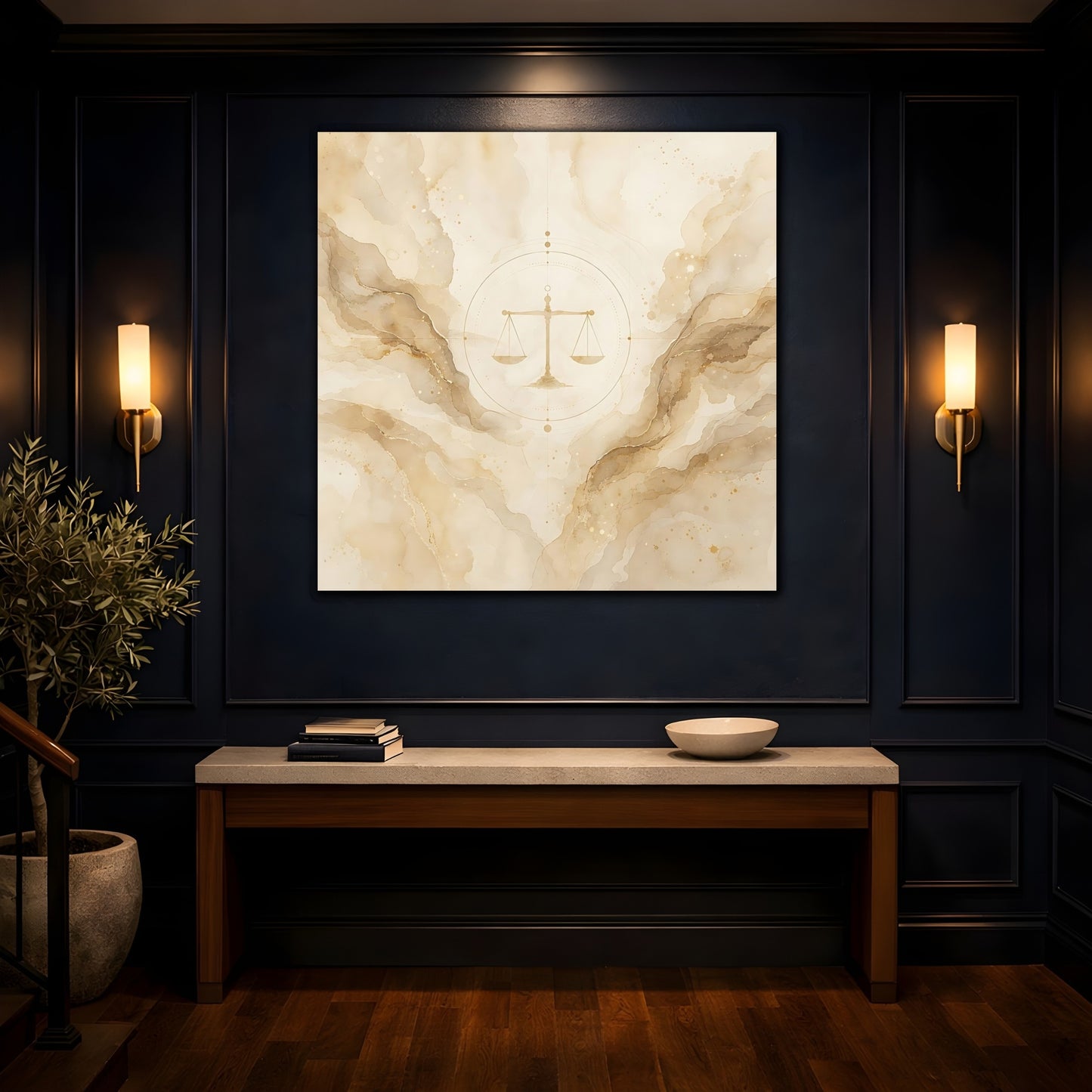 Mockup 4. Abstract Balance Scale Neutral Gold shown as stretched canvas wall art