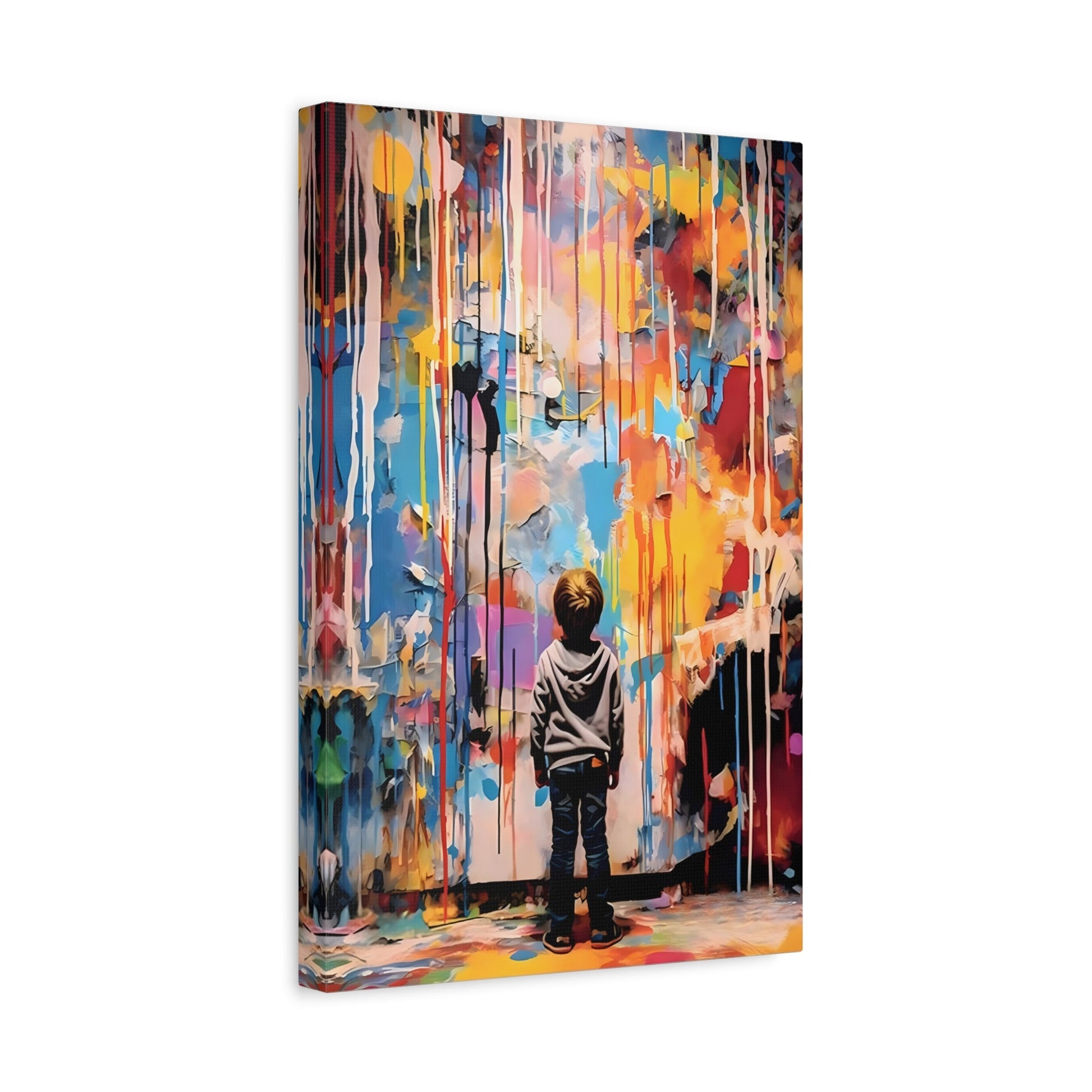 Abstract Banksy Kids Canvas Print - Boy Looking at Colorful Wall Art