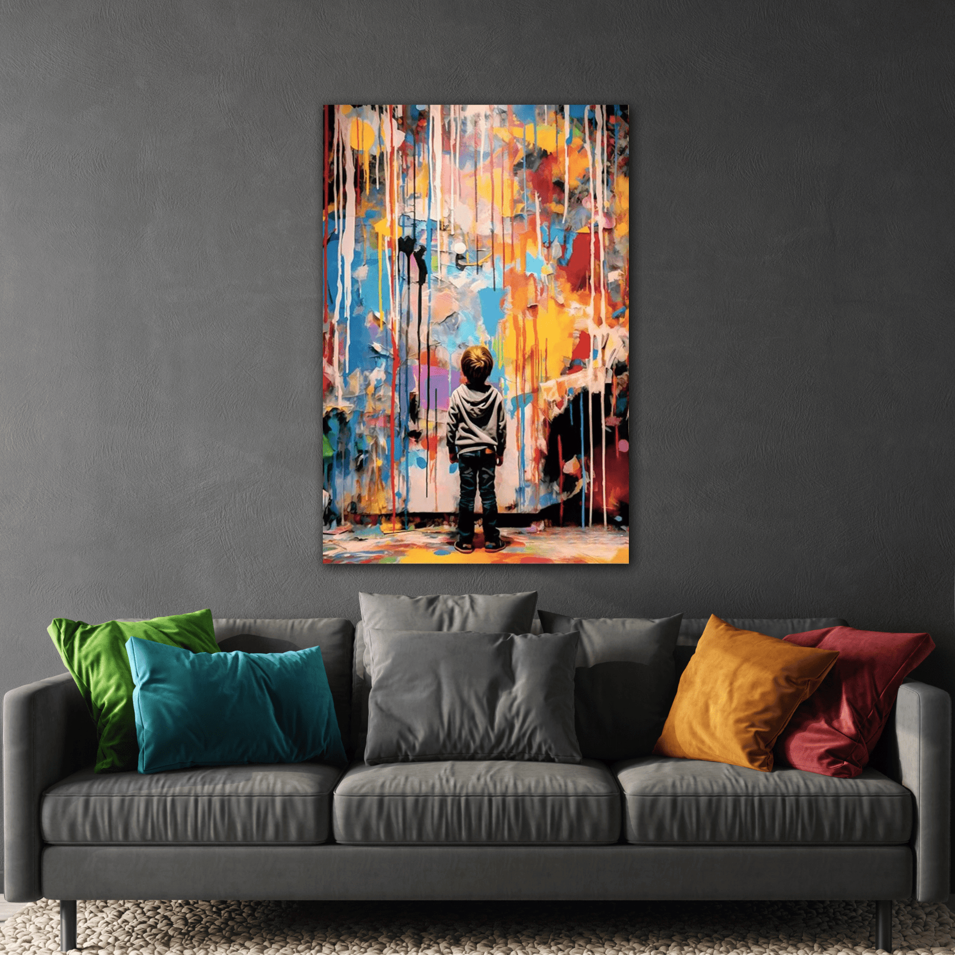 Abstract Banksy Kids Canvas Print - Boy Looking at Colorful Wall Art