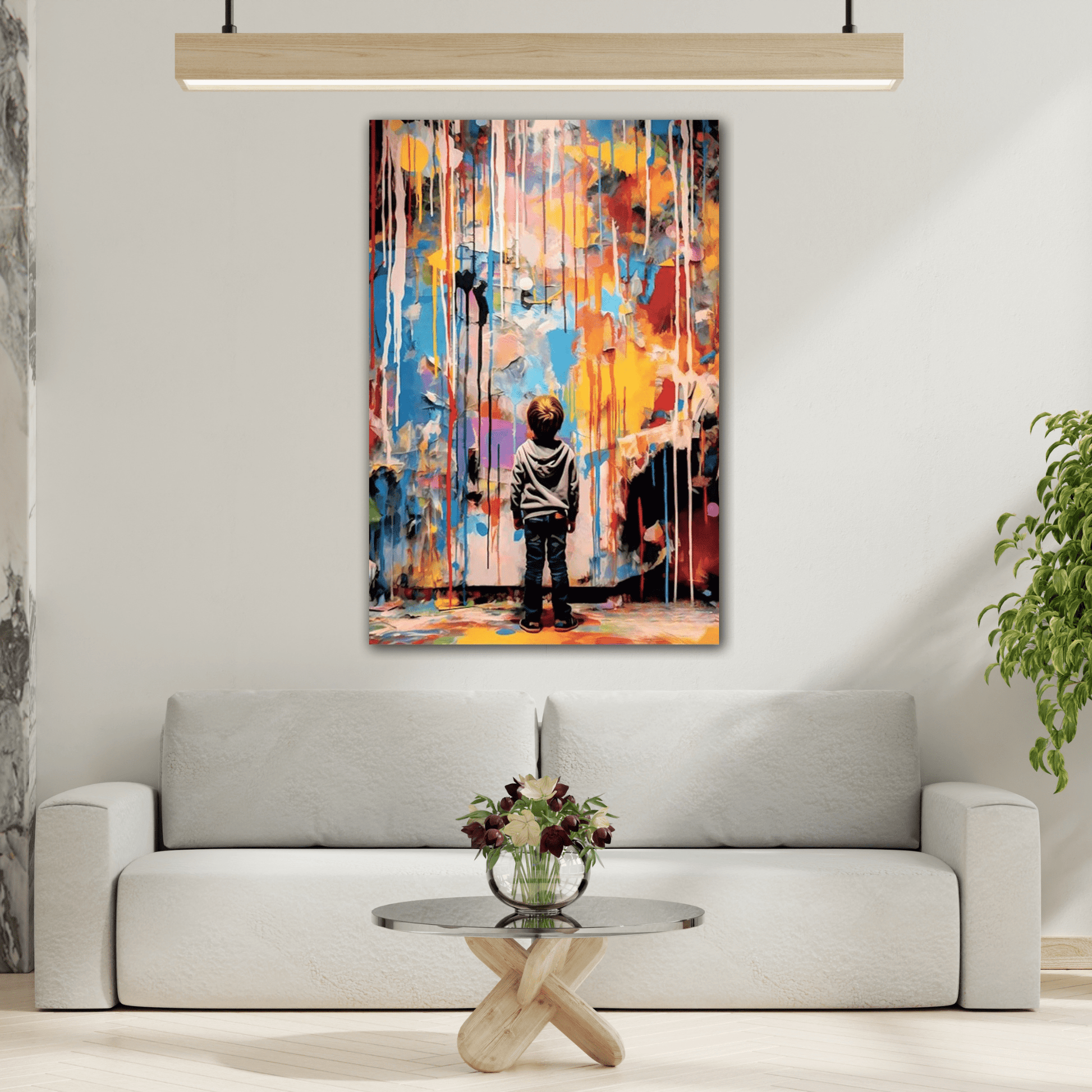 Abstract Banksy Kids Canvas Print - Boy Looking at Colorful Wall Art