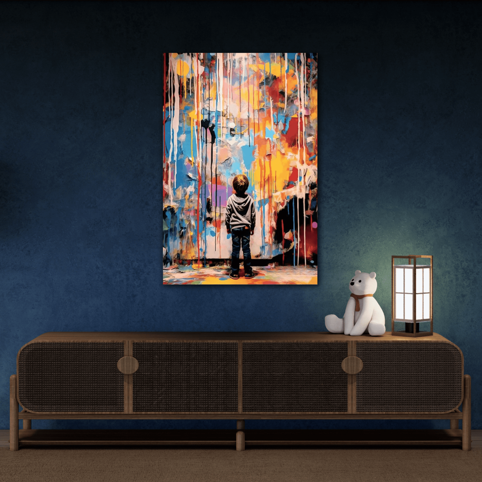 Abstract Banksy Kids Canvas Print - Boy Looking at Colorful Wall Art