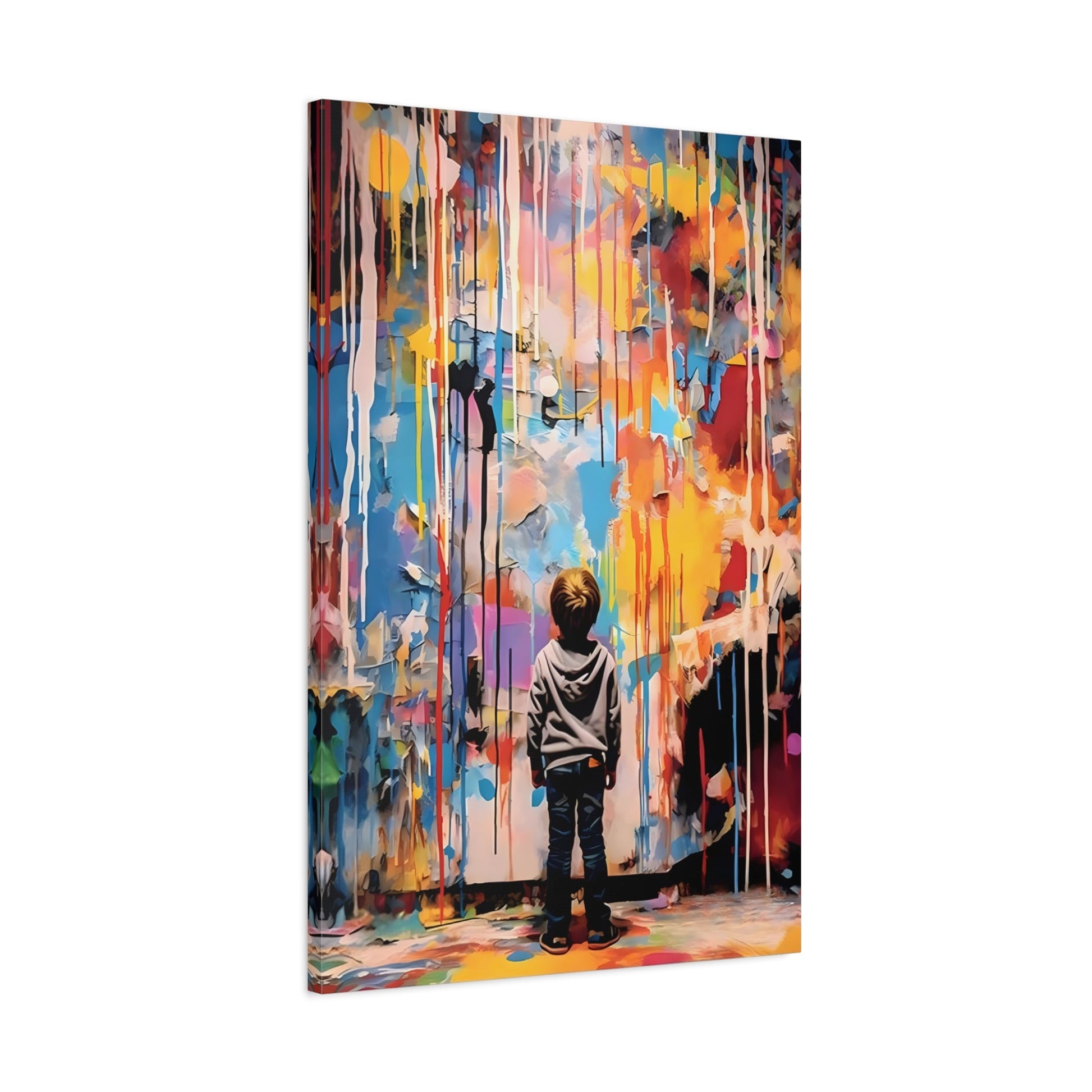 Abstract Banksy Kids Canvas Print - Boy Looking at Colorful Wall Art