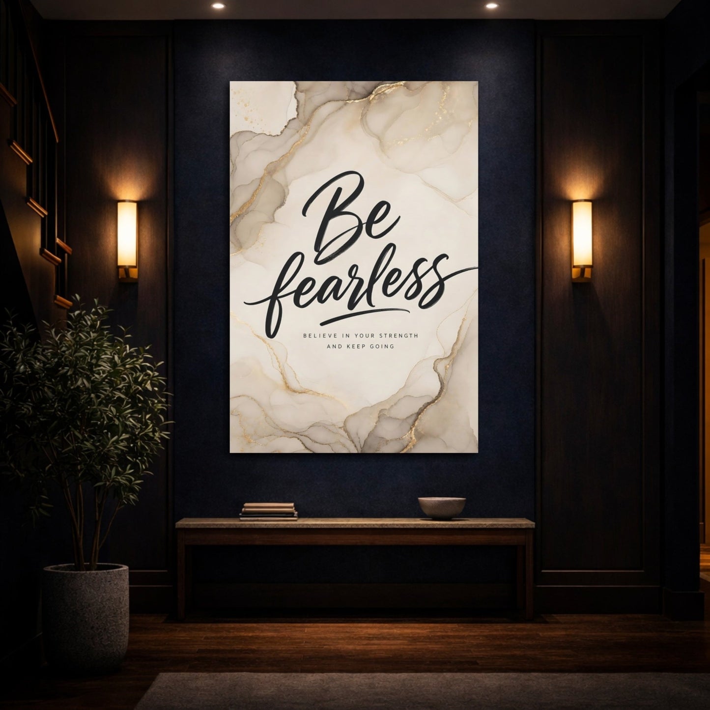 Abstract Be Fearless Gold And Beige Canvas Print – Modern Living Room, Above Couch - YesArtYes