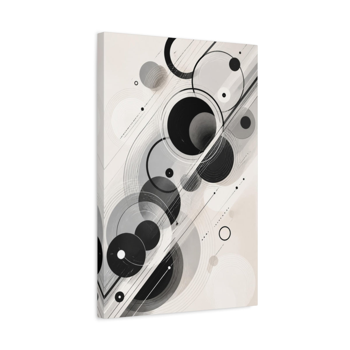 Side Mockup 3. Abstract Black Circles shown as canvas print