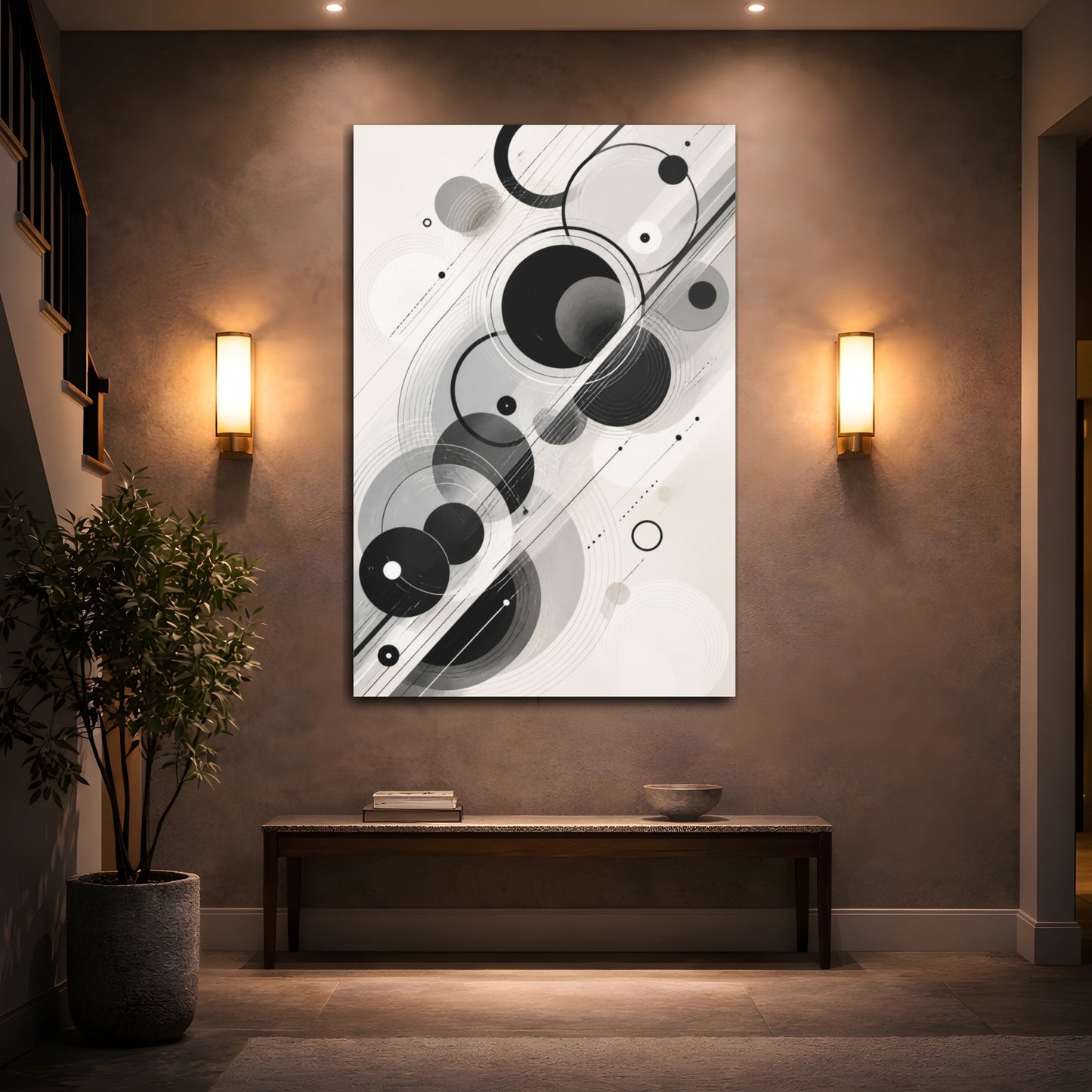 Mockup 2. Abstract Black Circles shown as canvas print