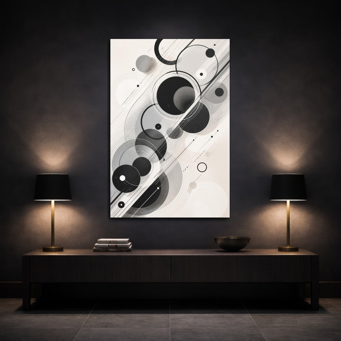 Mockup 3. Abstract Black Circles shown as canvas print