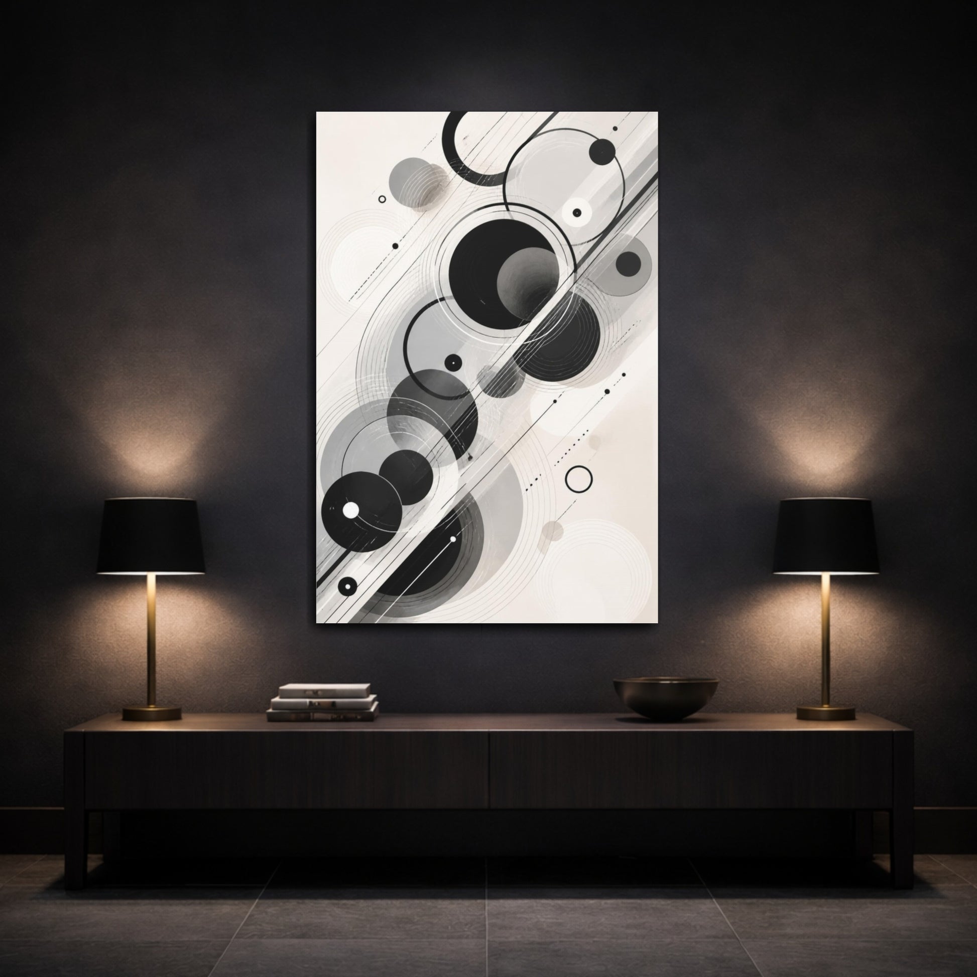 Mockup 3. Abstract Black Circles shown as canvas print
