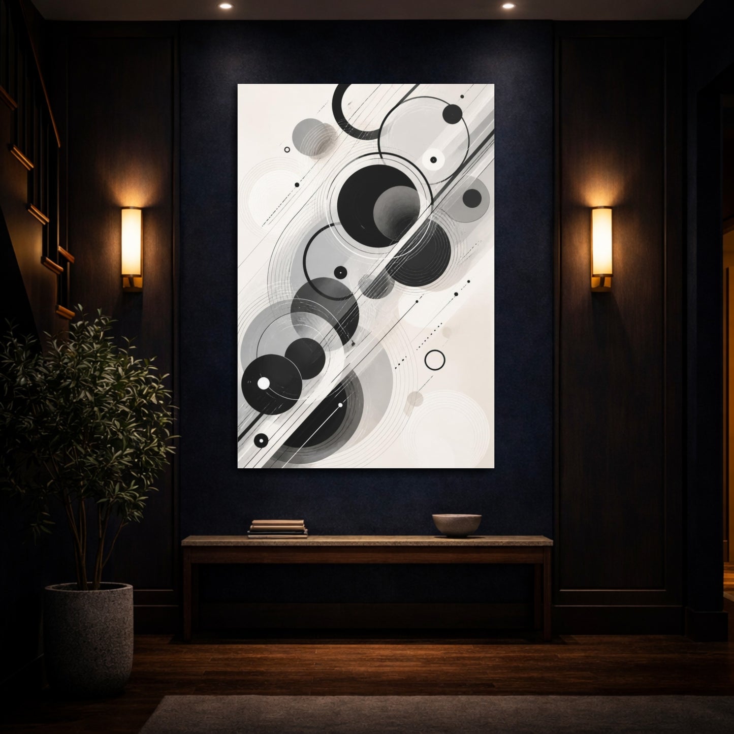 Mockup 4. Abstract Black Circles shown as canvas print
