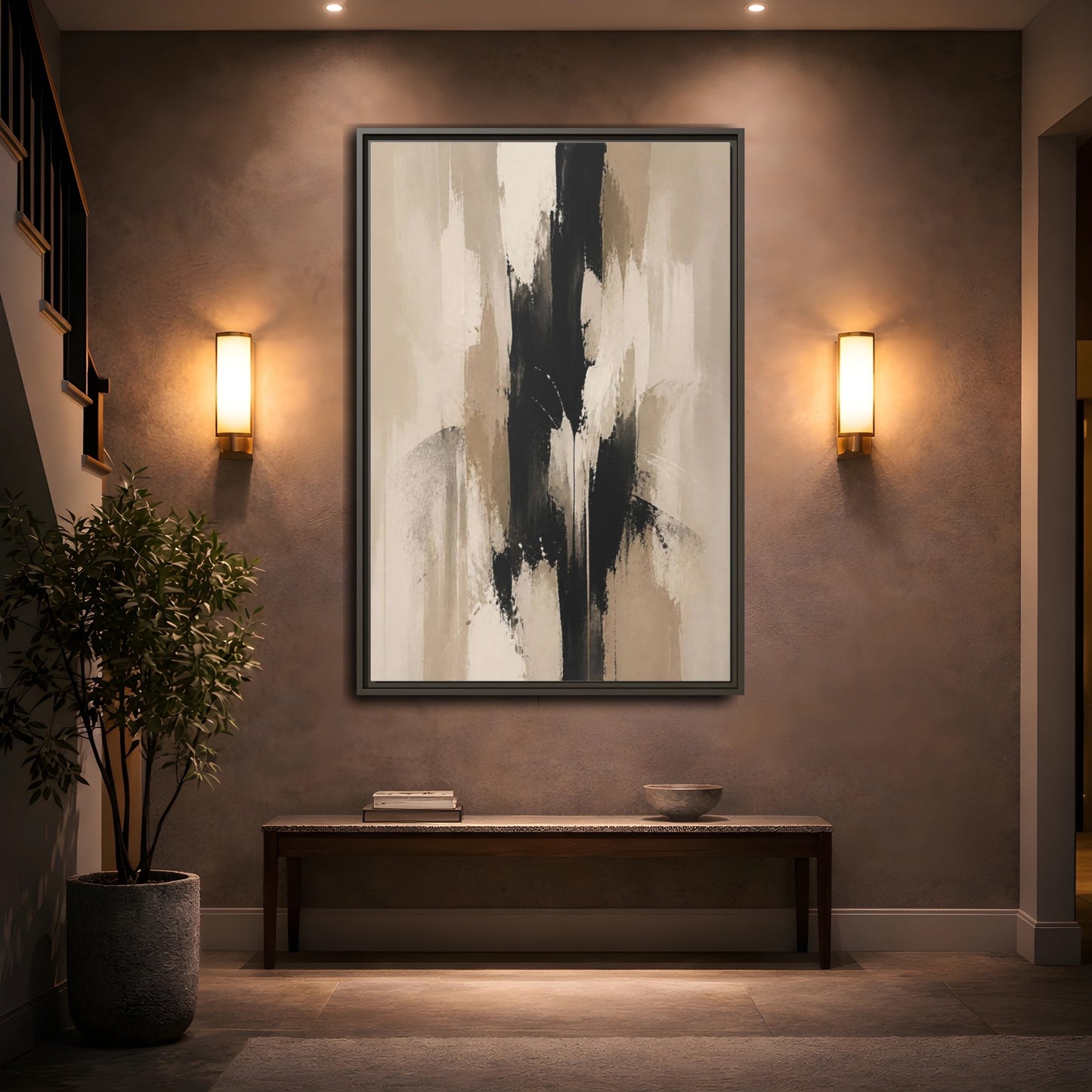 Mockup 2. Abstract Black Column shown as framed canvas print