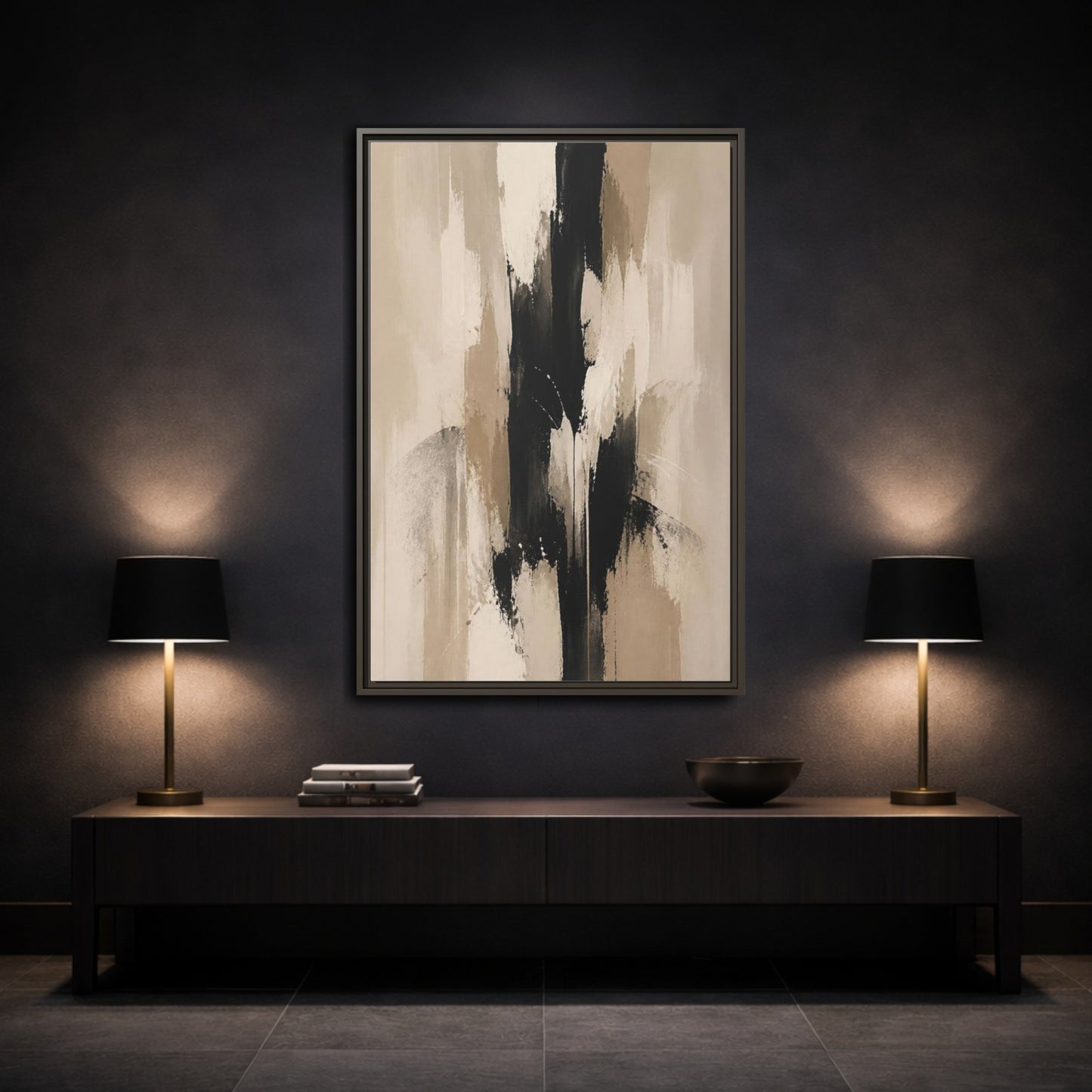 Mockup 3. Abstract Black Column shown as framed canvas print