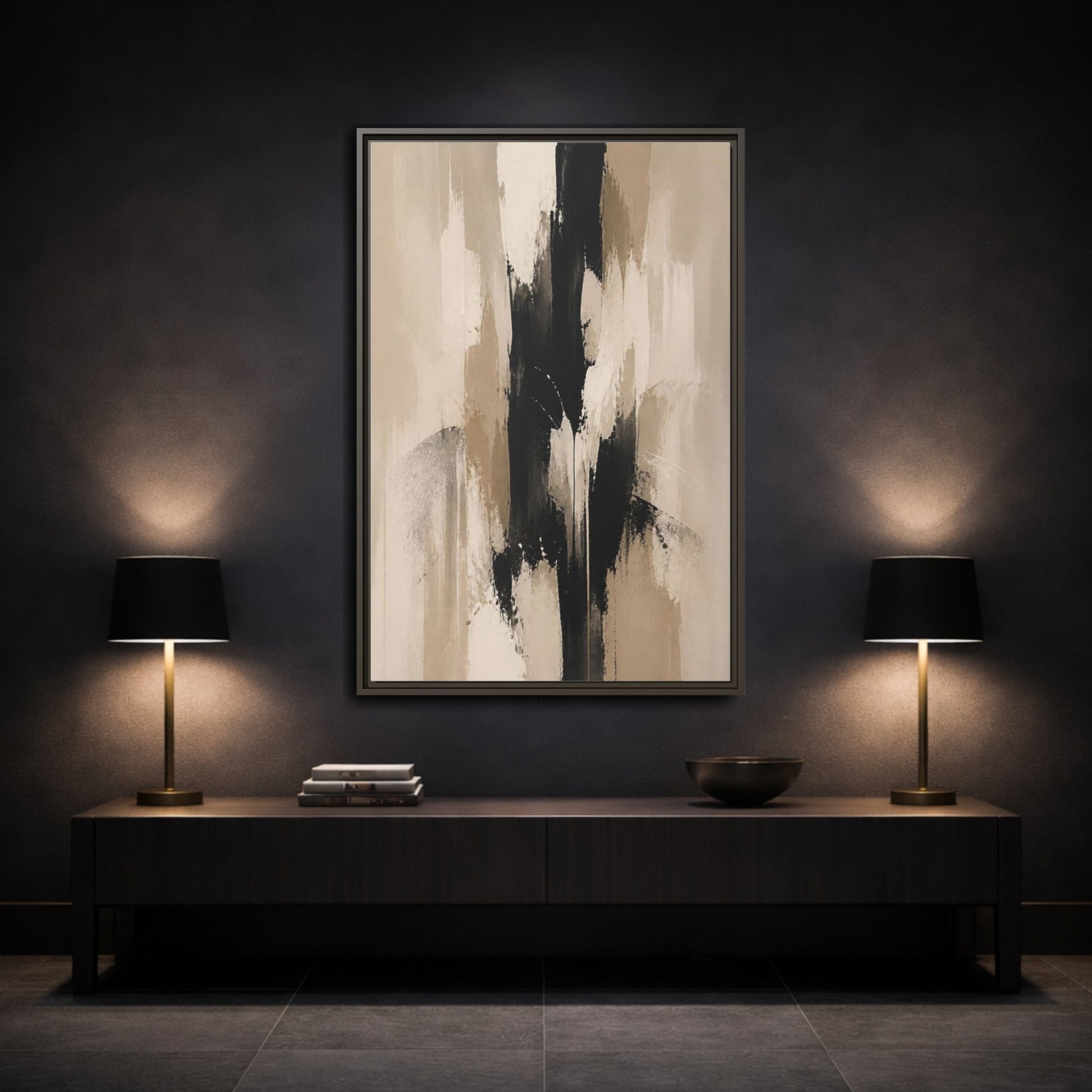 Mockup 3. Abstract Black Column shown as framed canvas print