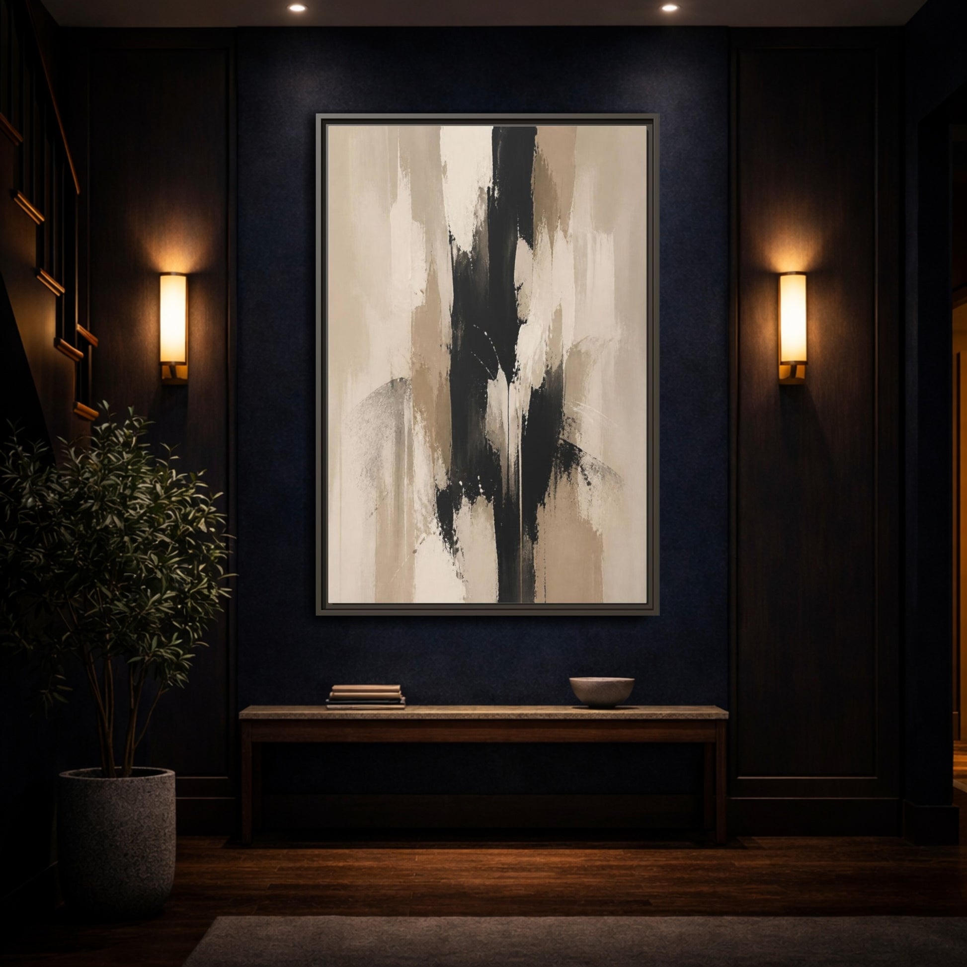 Mockup 4. Abstract Black Column shown as framed canvas print