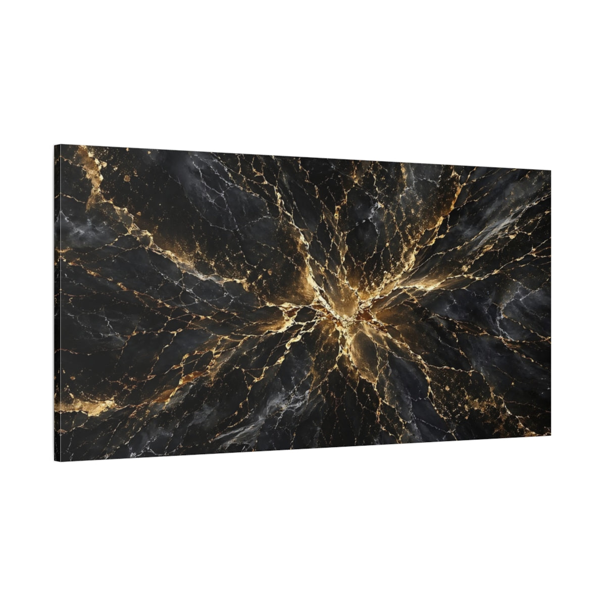 Side Mockup 2. Abstract Black Marble Black And Gold shown as stretched canvas wall art