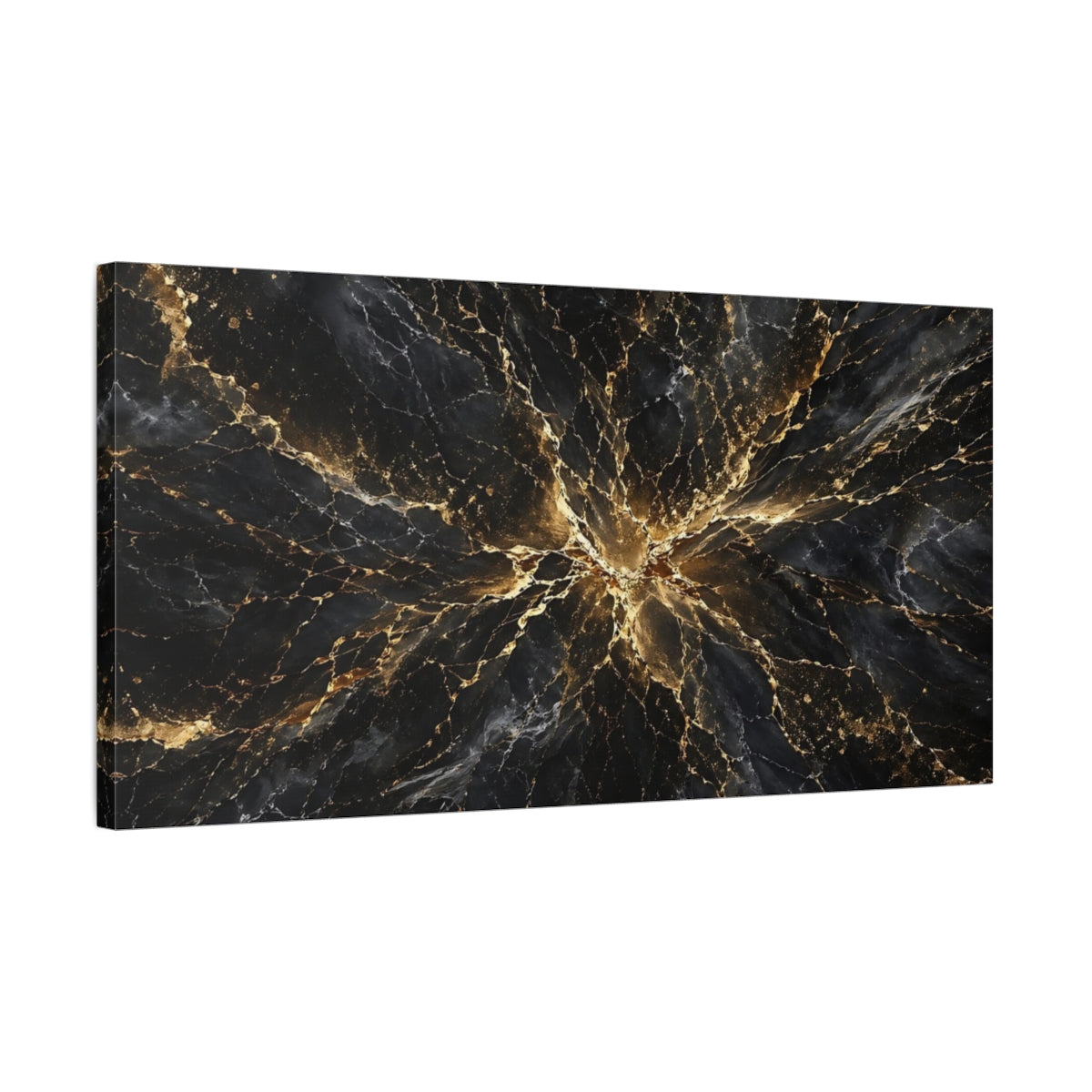 Side Mockup 1. Abstract Black Marble Black And Gold shown as stretched canvas wall art