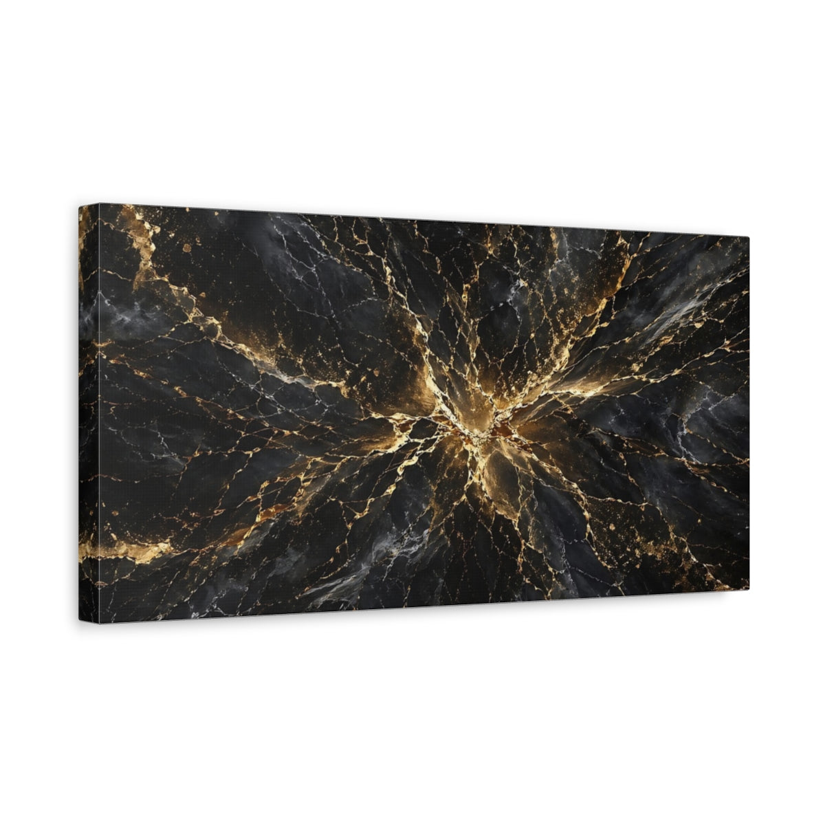 Side Mockup 3. Abstract Black Marble Black And Gold shown as stretched canvas wall art