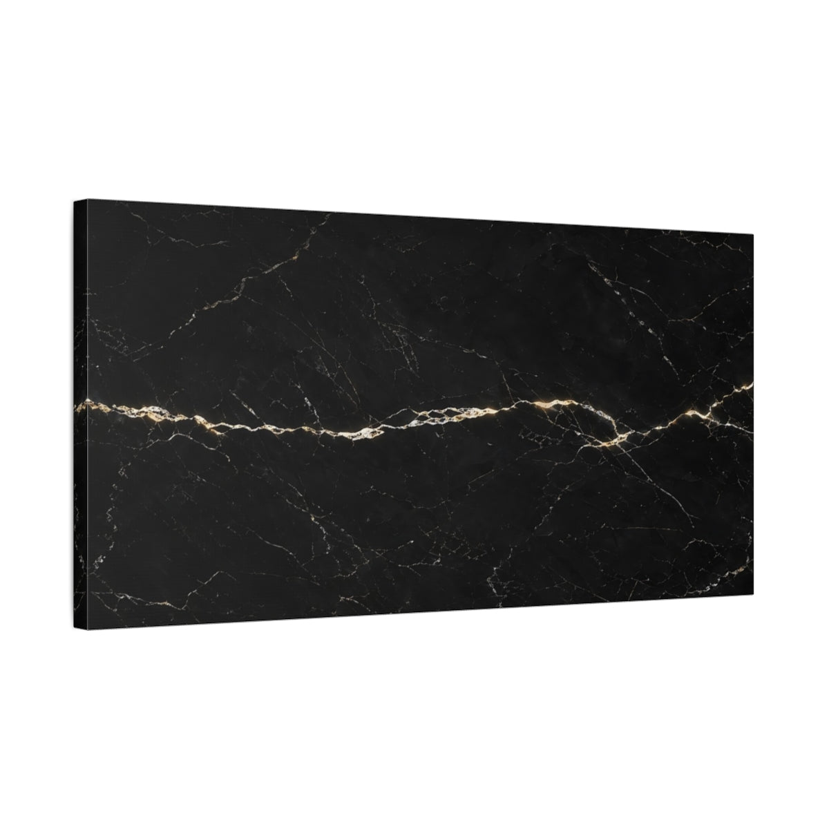 Side Mockup 1. Abstract Black Marble Black And Gold shown as stretched canvas wall art