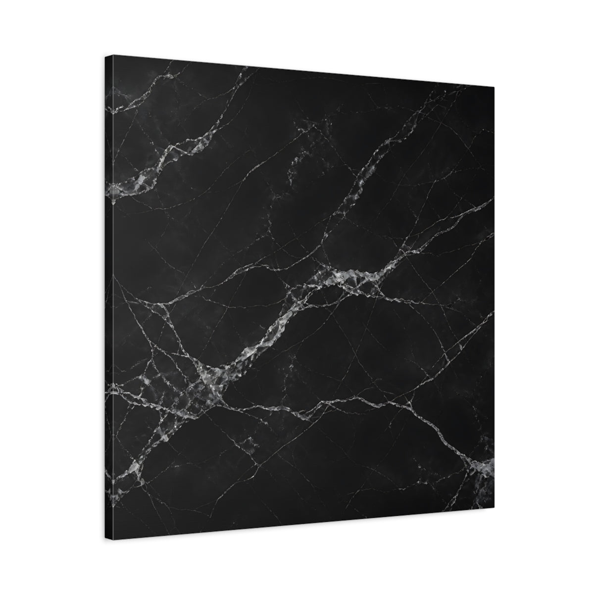 Side Mockup 3. Abstract Black Marble Black And White shown as stretched canvas wall art