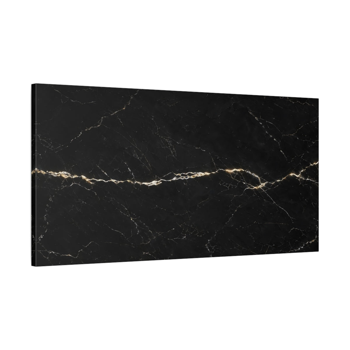 Main Mockup. Abstract Black Marble Black And Gold shown as stretched canvas wall art