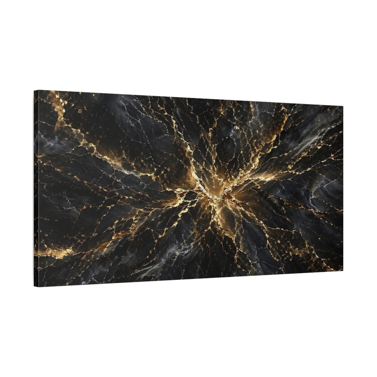 Main Mockup. Abstract Black Marble Black And Gold shown as stretched canvas wall art
