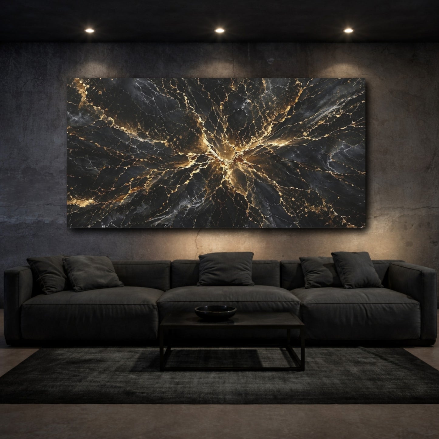 Mockup 2. Abstract Black Marble Black And Gold shown as stretched canvas wall art