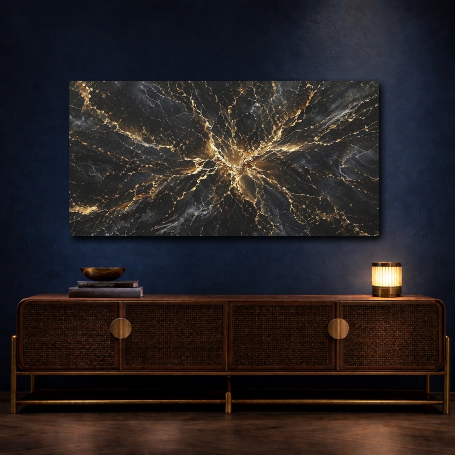 Mockup 3. Abstract Black Marble Black And Gold shown as stretched canvas wall art