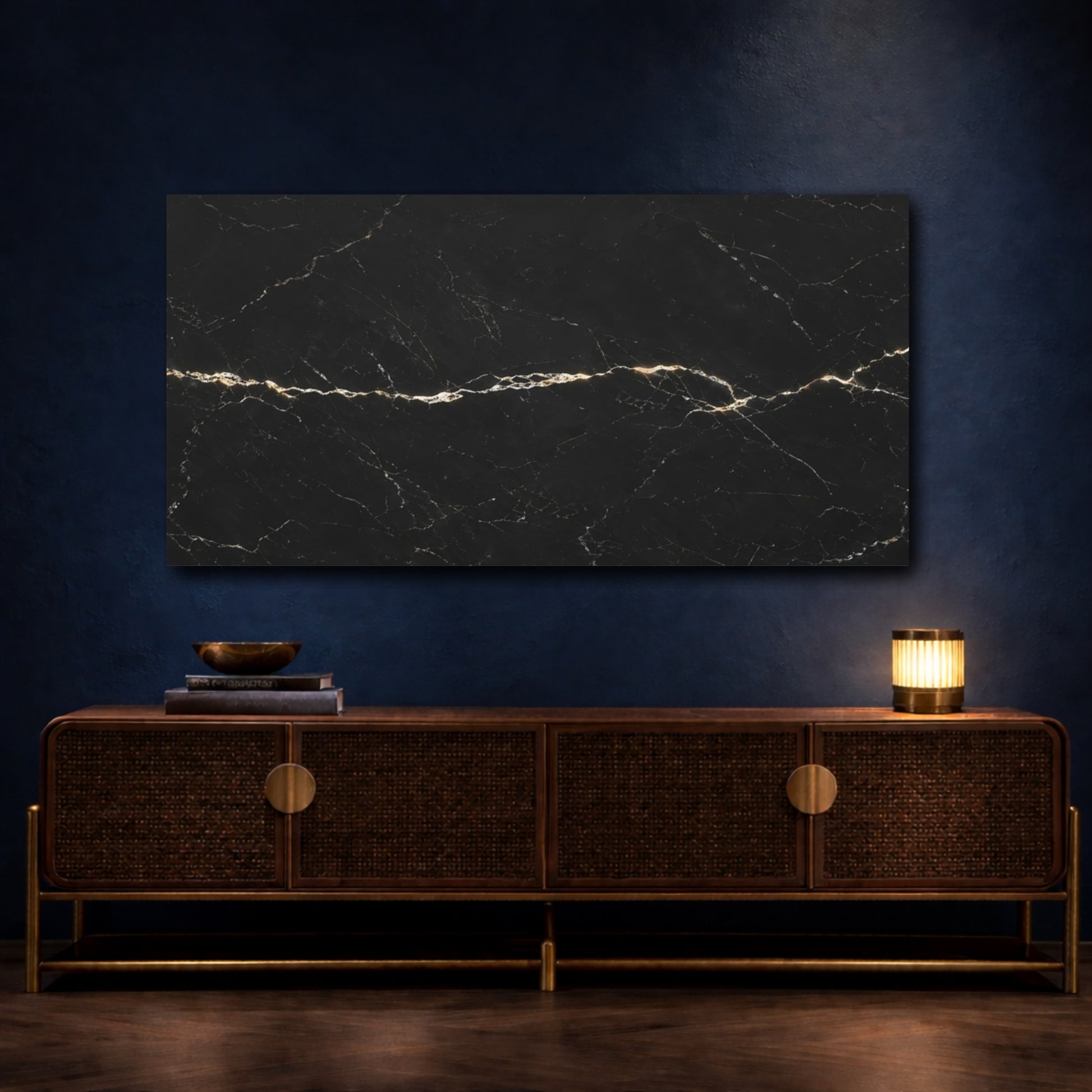 Mockup 4. Abstract Black Marble Black And Gold shown as stretched canvas wall art