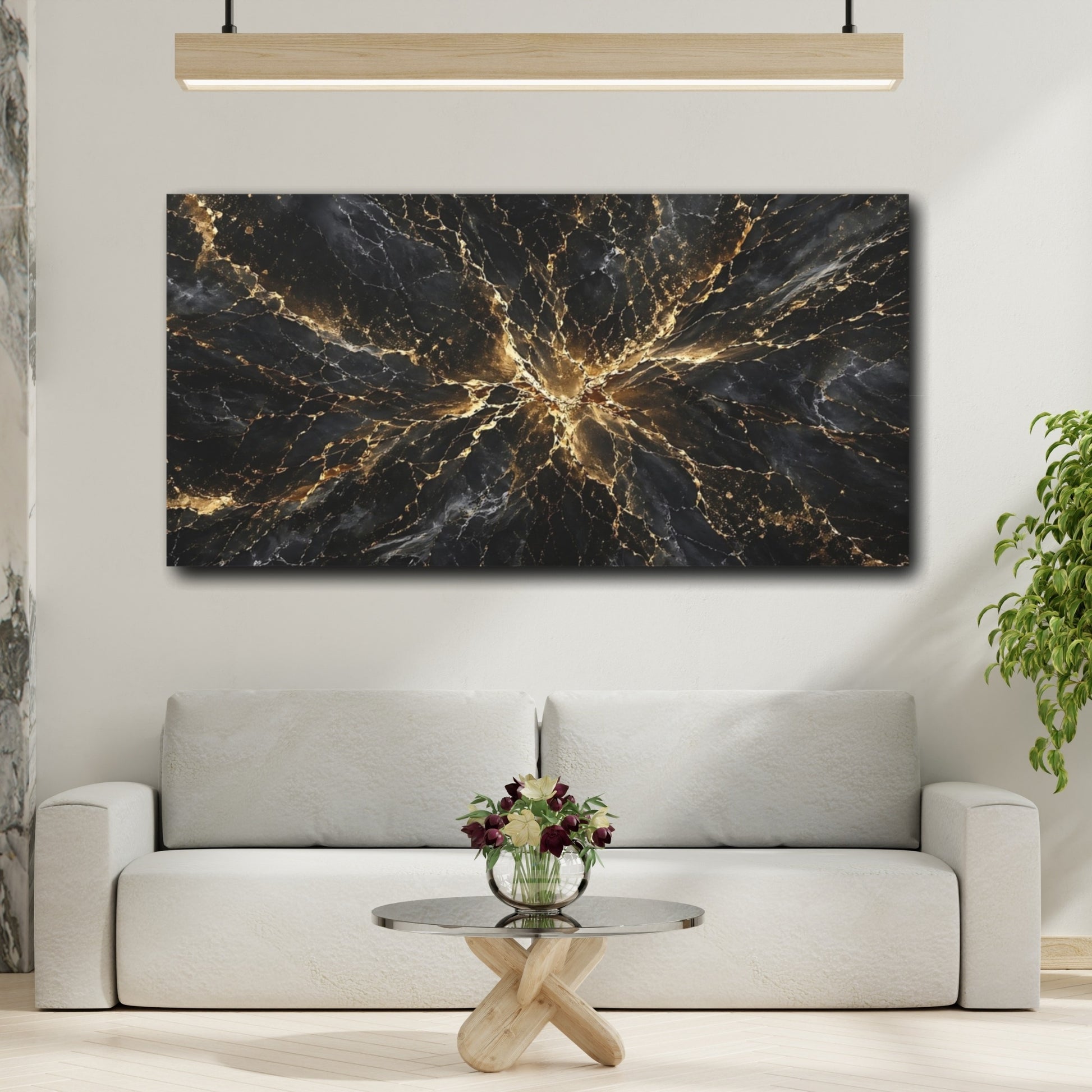 Mockup 4. Abstract Black Marble Black And Gold shown as stretched canvas wall art