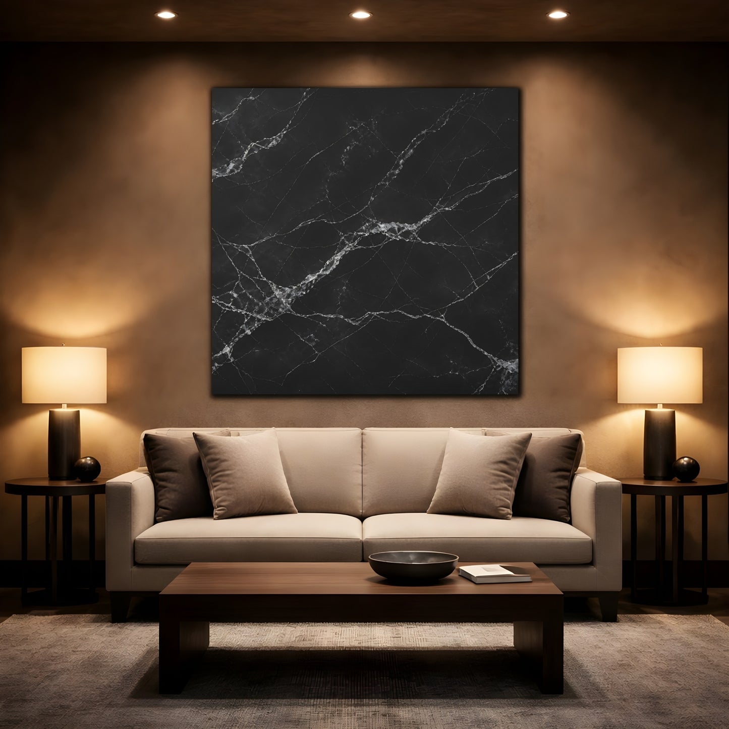 Mockup 2. Abstract Black Marble Black And White shown as stretched canvas wall art