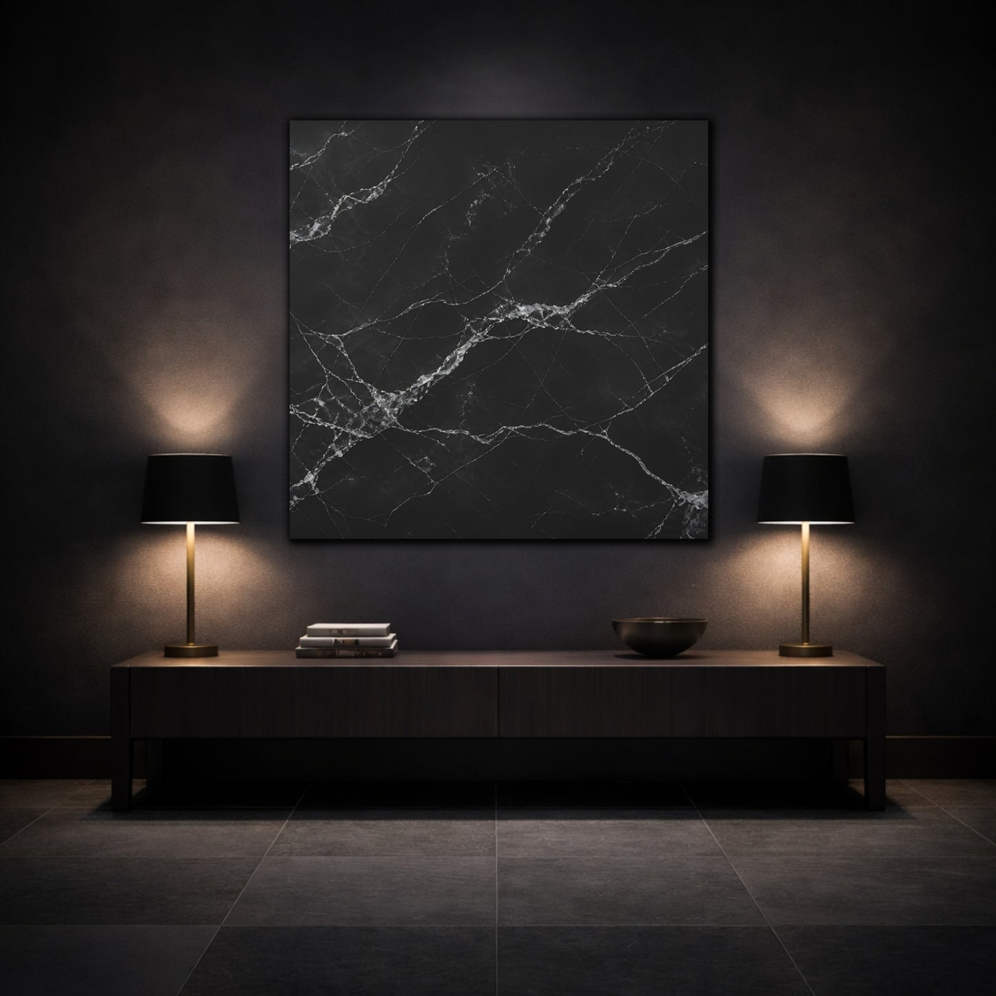 Mockup 3. Abstract Black Marble Black And White shown as stretched canvas wall art